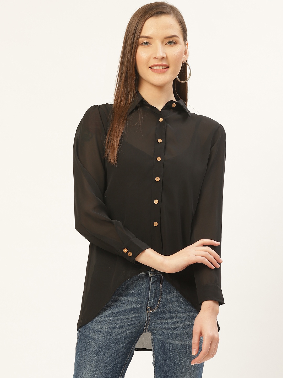 

Trend Arrest Women Black Regular Fit Solid Sheer Casual Shirt
