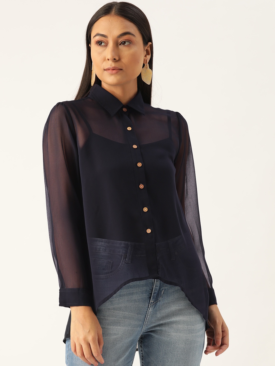 

Trend Arrest Women Navy Blue Sheer Regular Fit Solid Casual Shirt