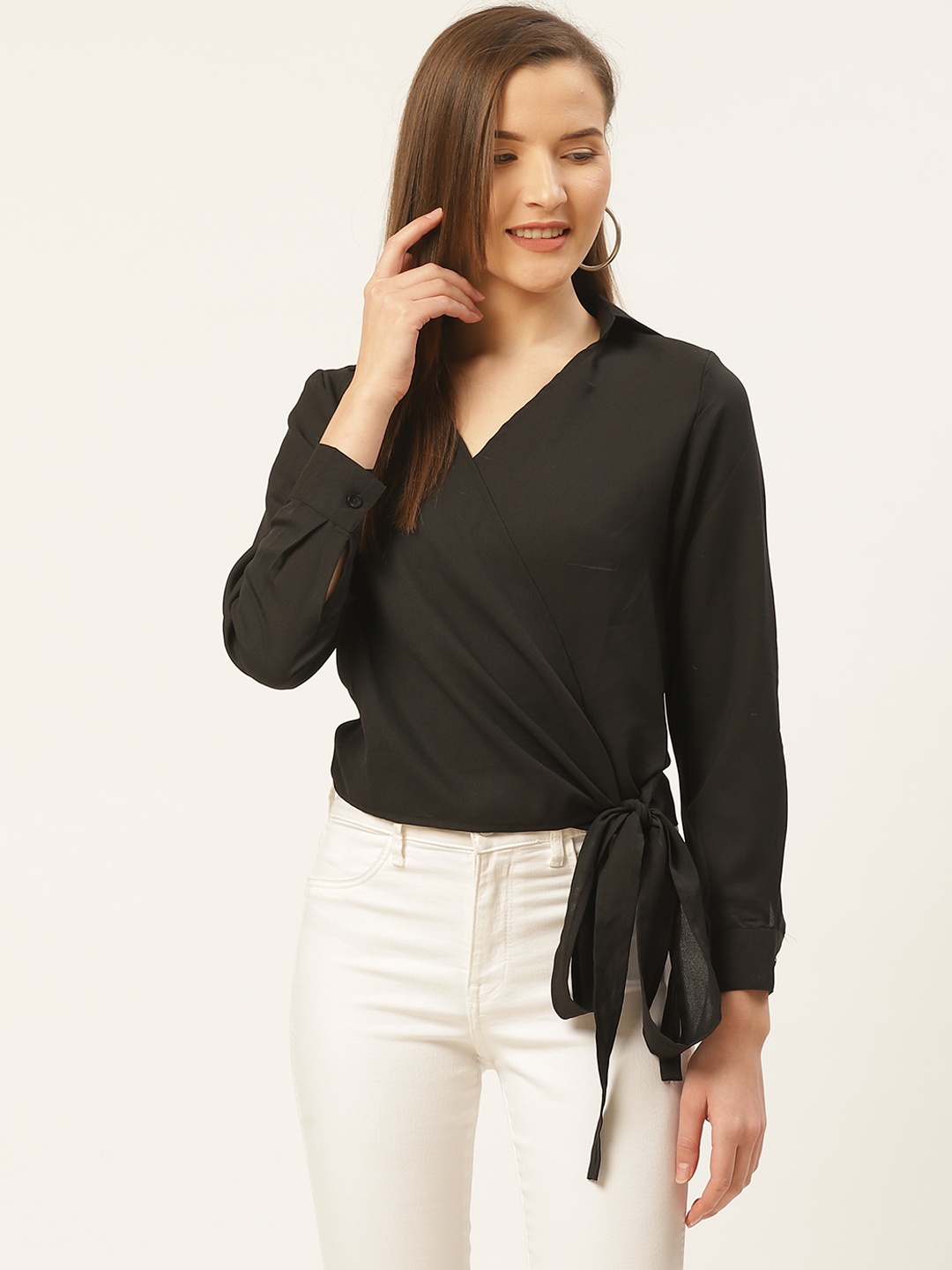 

Trend Arrest Women Black Solid Tie-Up Wrap Top