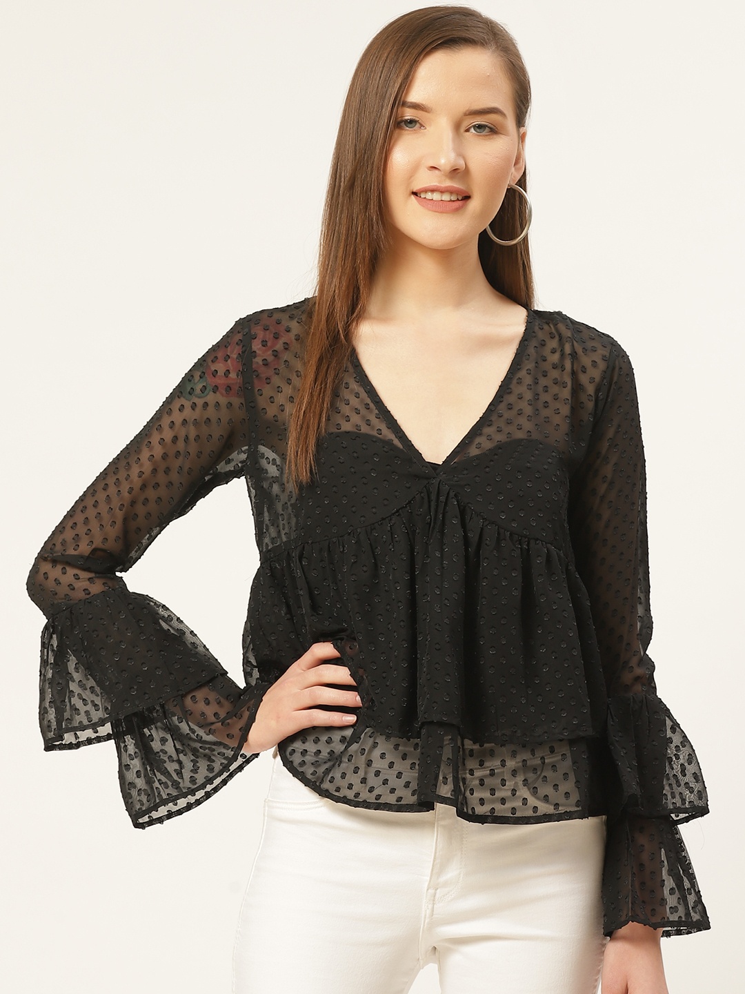 Trend Arrest Women Black Semi-Sheer Self Design Empire Top