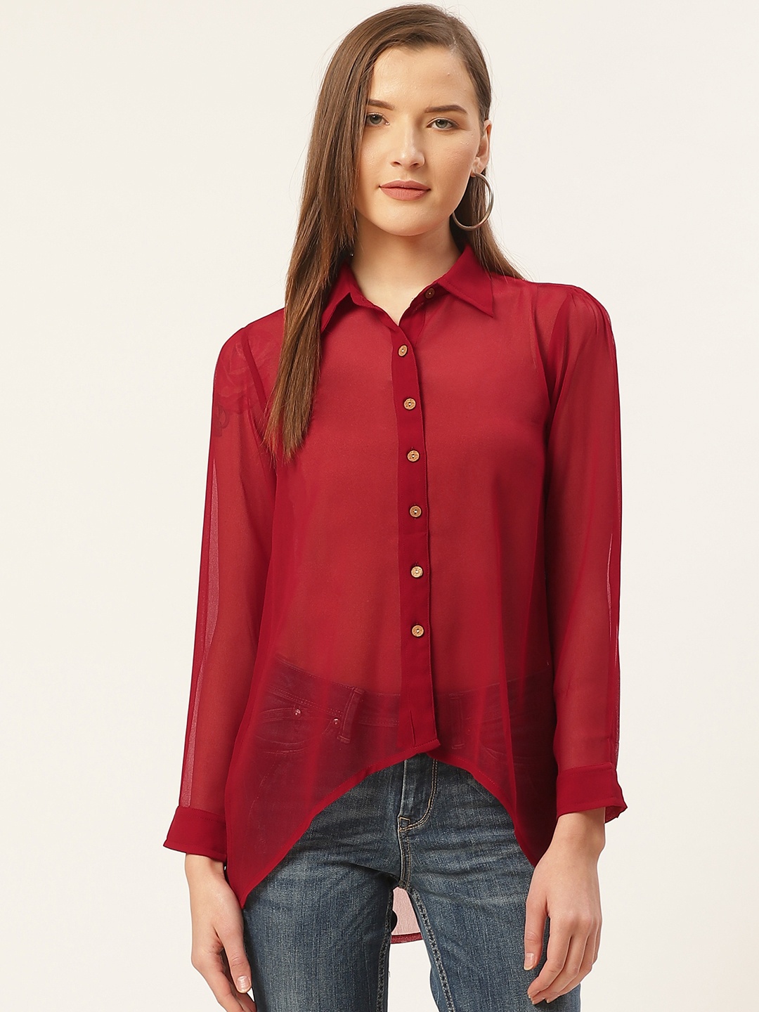 

Trend Arrest Women Maroon Regular Fit Solid Sheer Casual Shirt