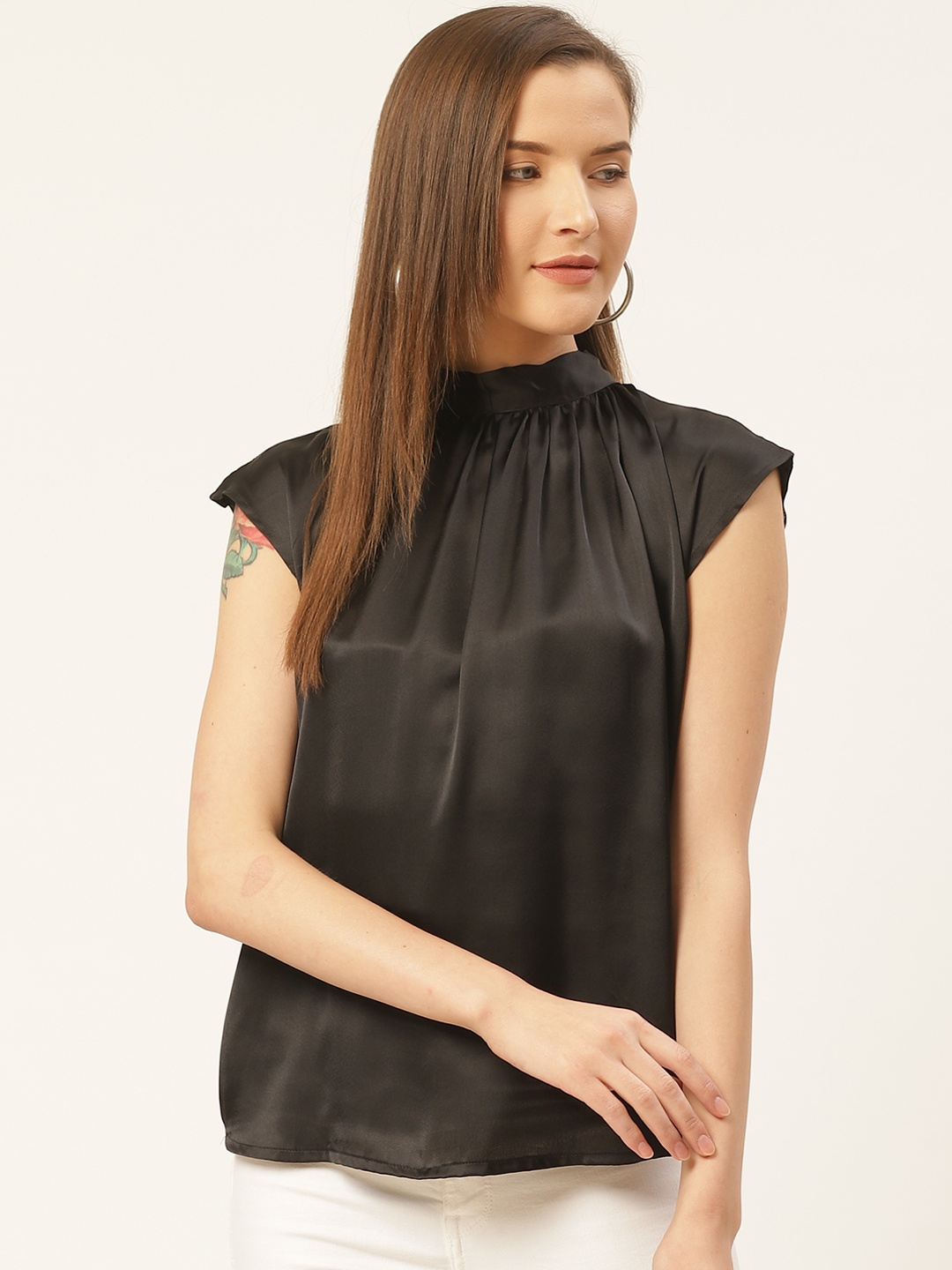 

Trend Arrest Women Black Satin Finish Solid Styled Back Top