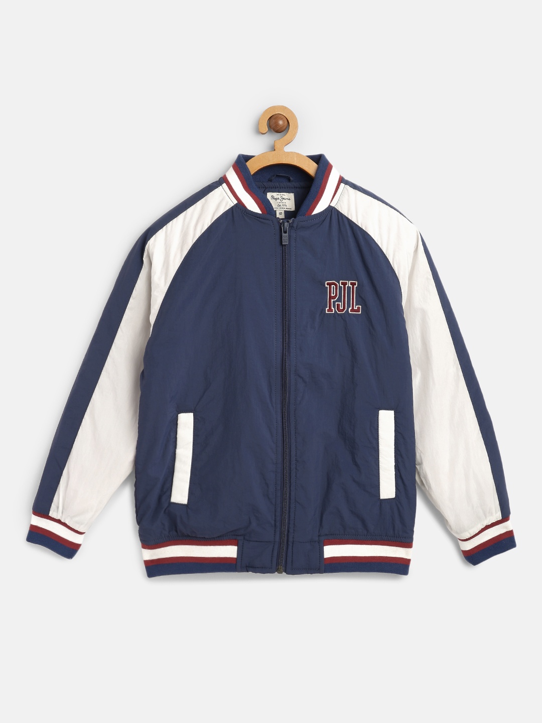 

Pepe Jeans Boys Navy Blue & White Colourblocked Lightweight Varsity Jacket