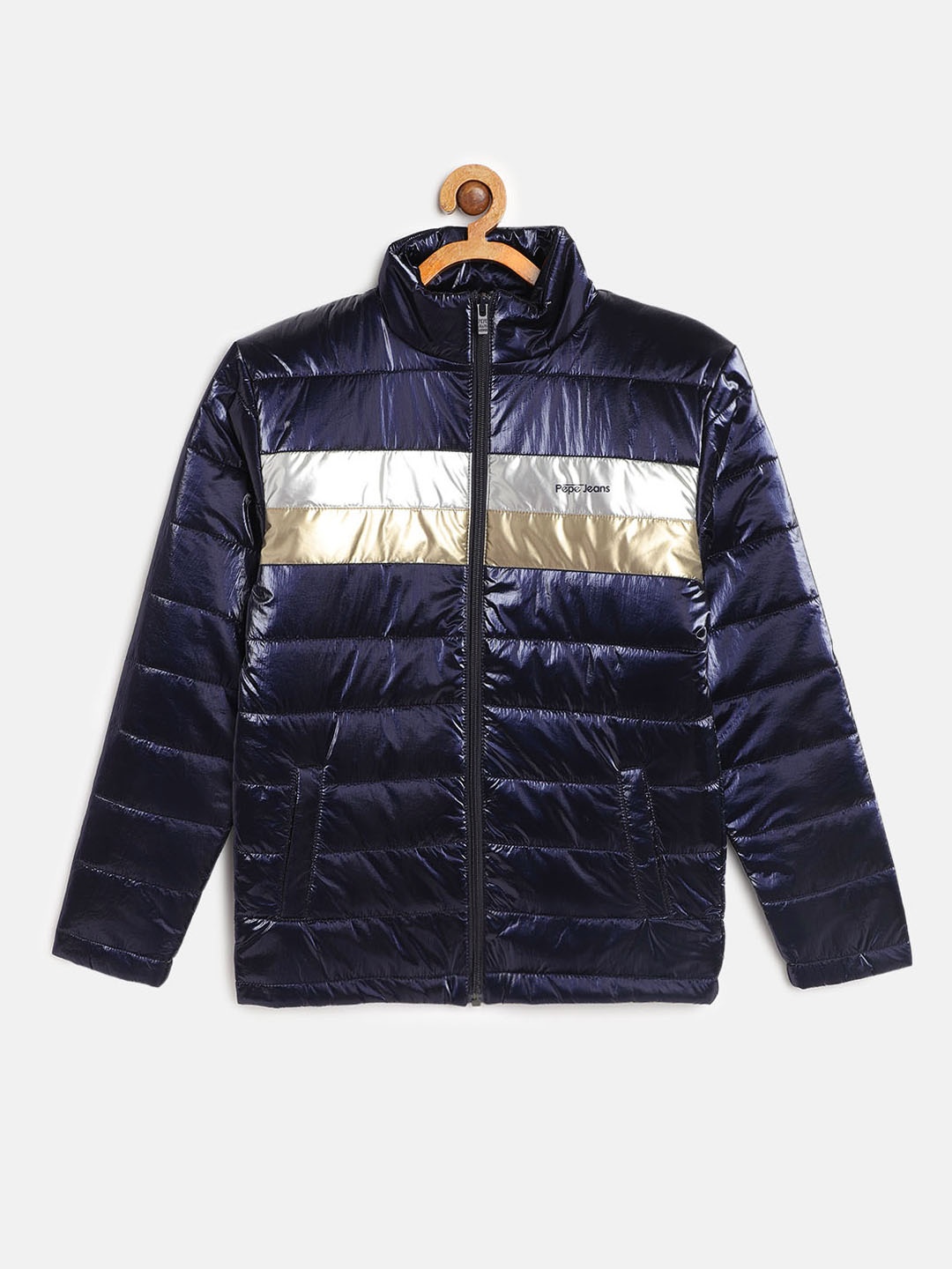 

Pepe Jeans Boys Navy Blue & Silver Colourblocked ROBIN IP Lightweight Puffer Jacket