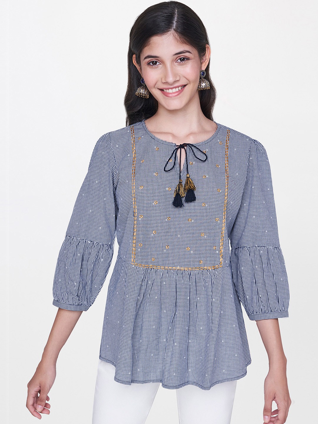 

Global Desi Women Blue & White Checked A-Line Longline Top with Gathers