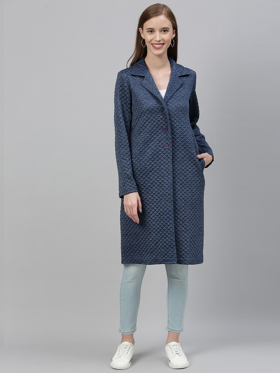 

Global Desi Women Blue Solid Longline Quilted Jacket