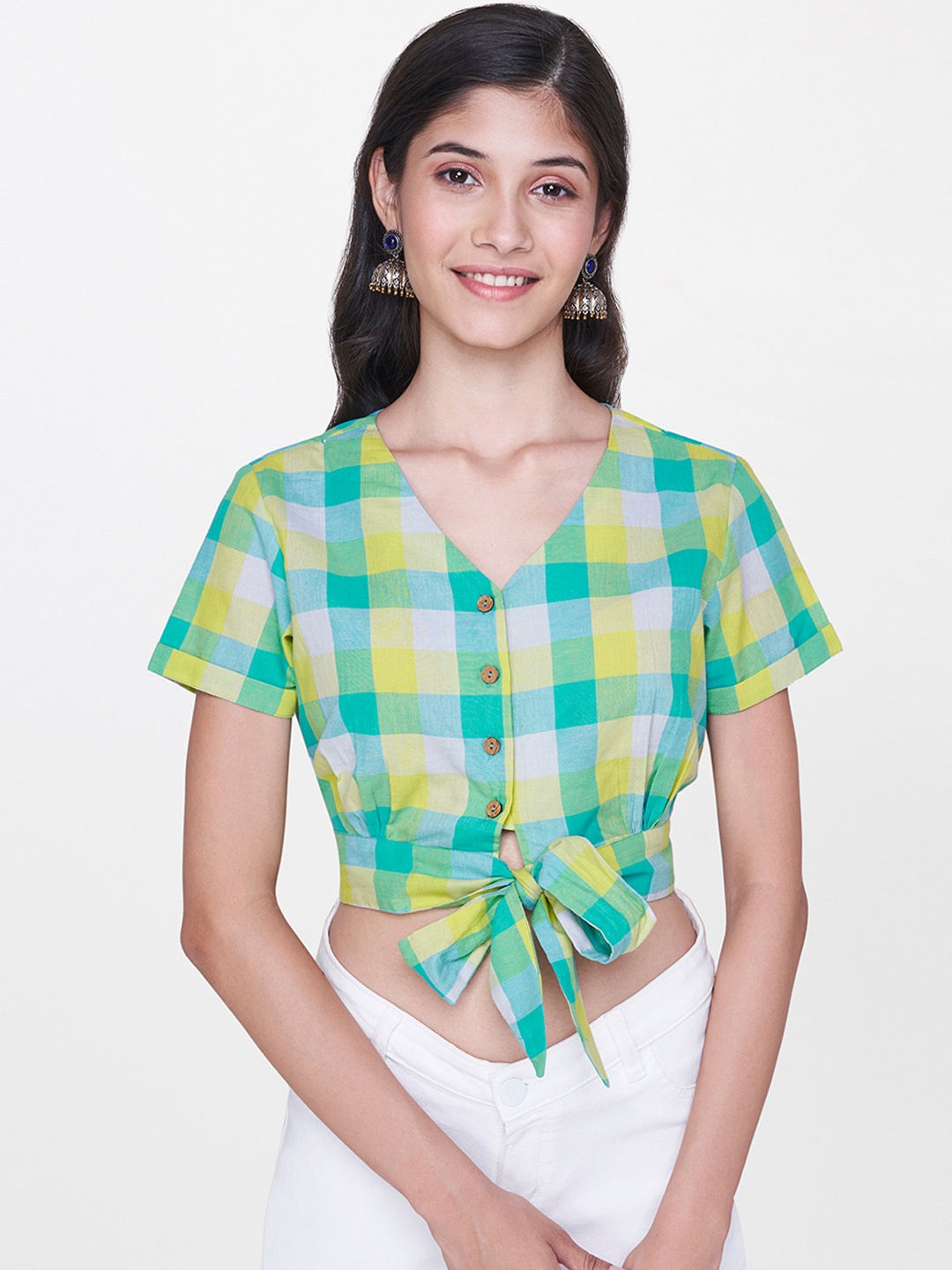 

Global Desi Women Green & Grey Checked Cropped Cinched Waist Top with Tie-Up Detail