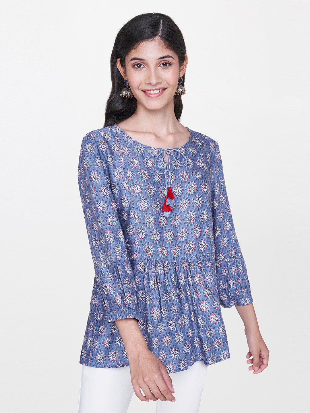 

Global Desi Women Blue & Red Printed Longline A-Line Top with Gathers