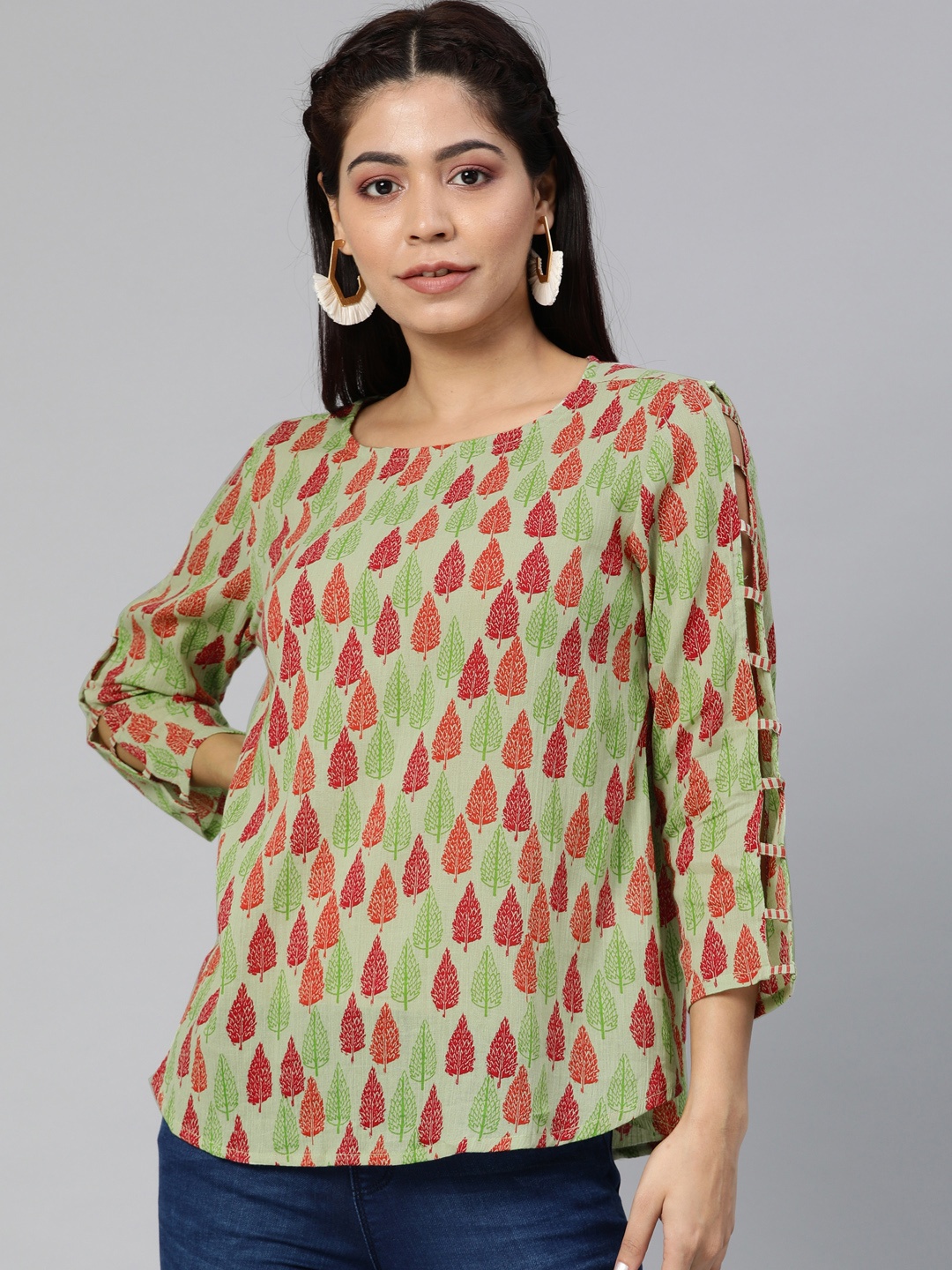 

Global Desi Women Green & Red Printed A-Line Top