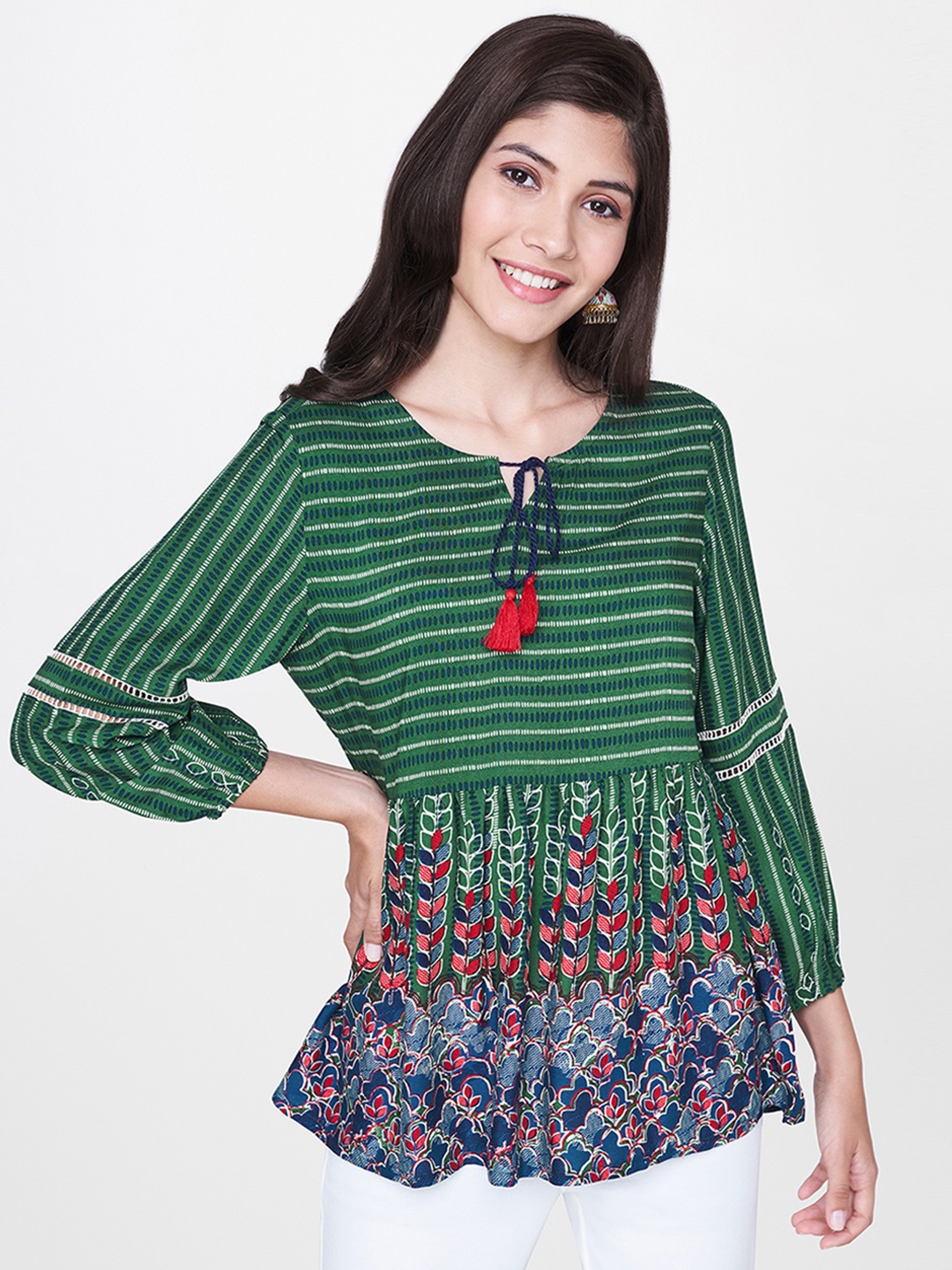 

Global Desi Women Green & Off-White Printed Longline A-Line Top with Gathers