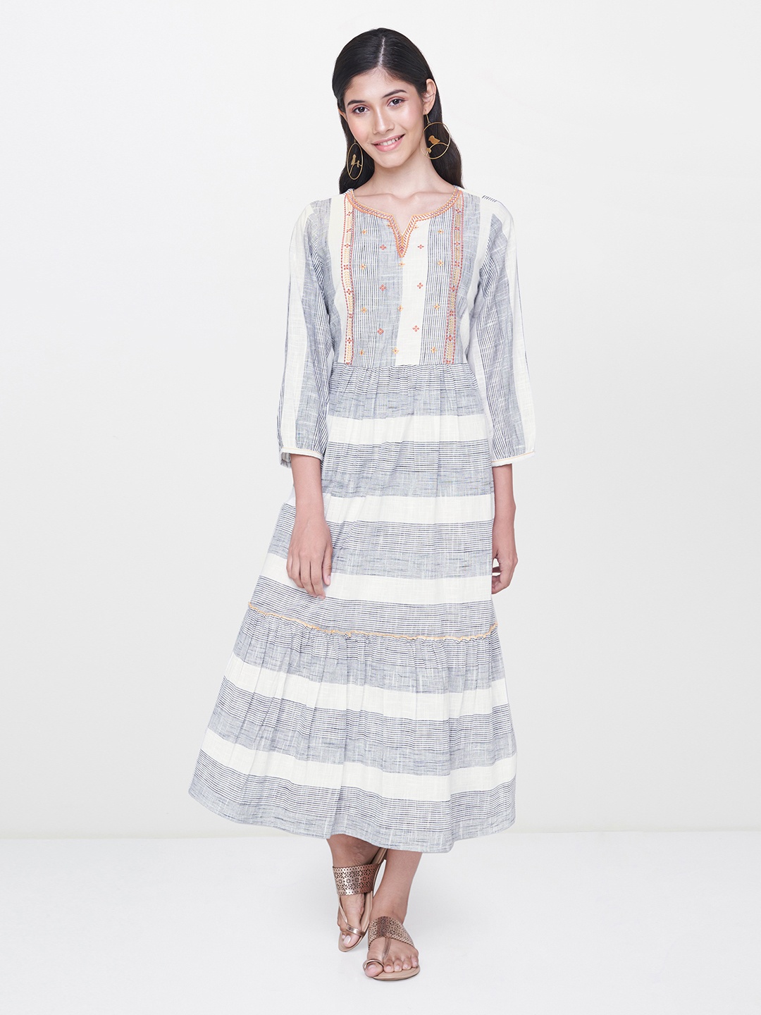

Global Desi Women White & Black Striped A-Line Dress with Embroidery