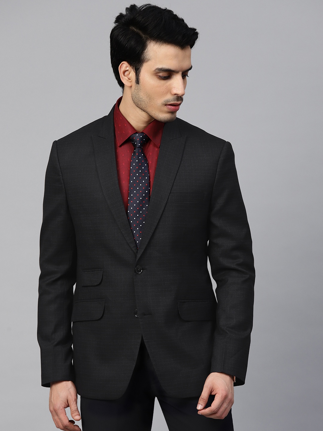 

MANQ Men Black & Blue Checked Single-Breasted Slim Fit Formal Blazer