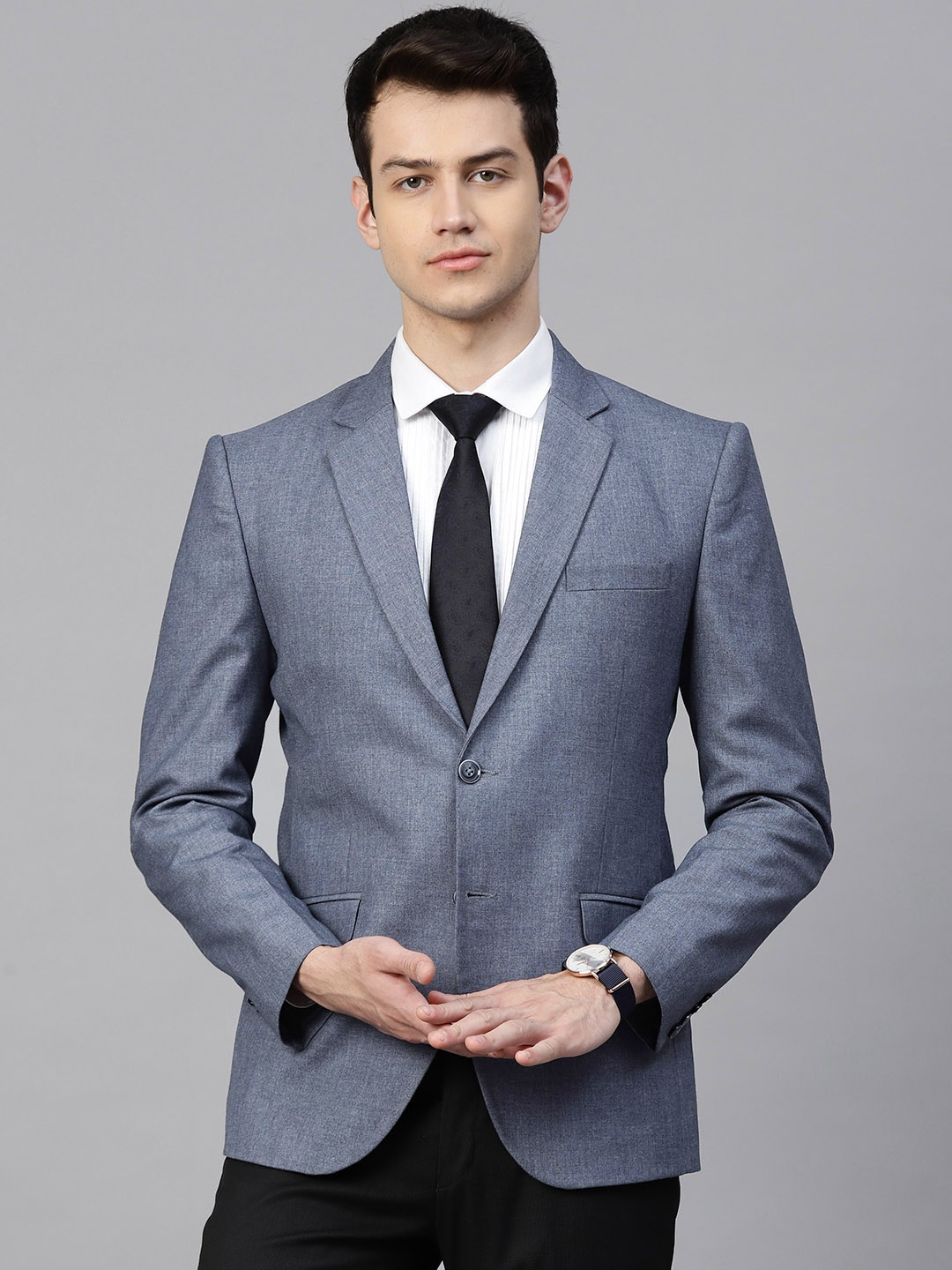 

MANQ Men Blue Slim Fit Solid Single-Breasted Formal Blazer