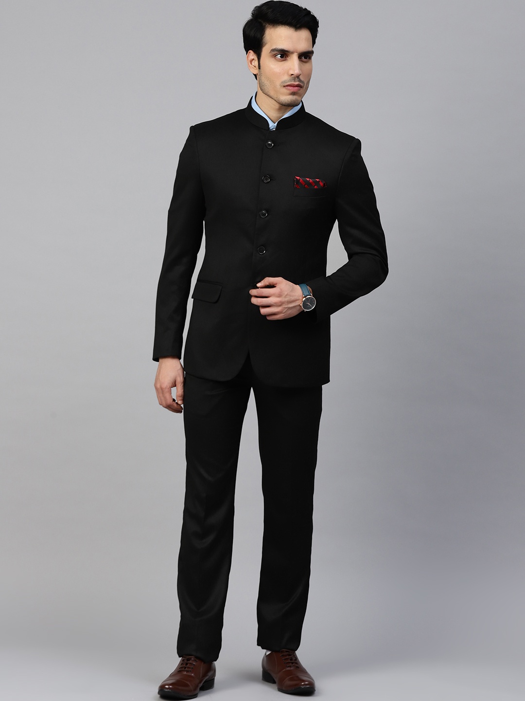 

MANQ Men Black Solid Slim Fit Bandhgala Suit
