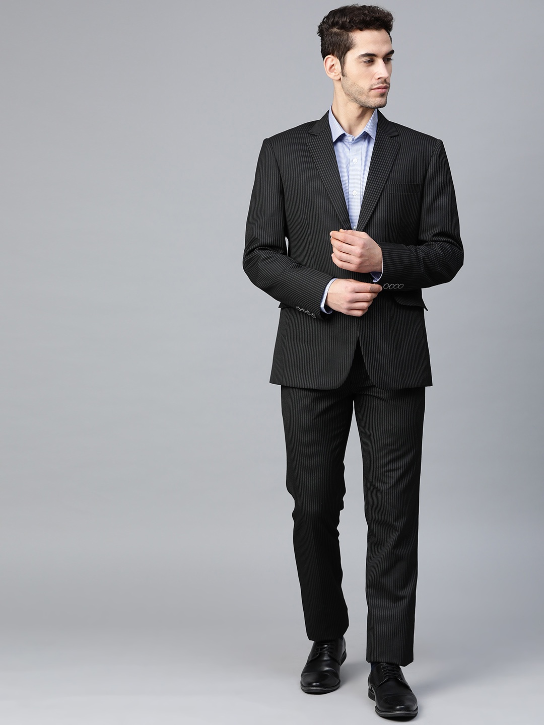 

MANQ Men Black & White Slim Fit Striped Single-Breasted Formal Suit