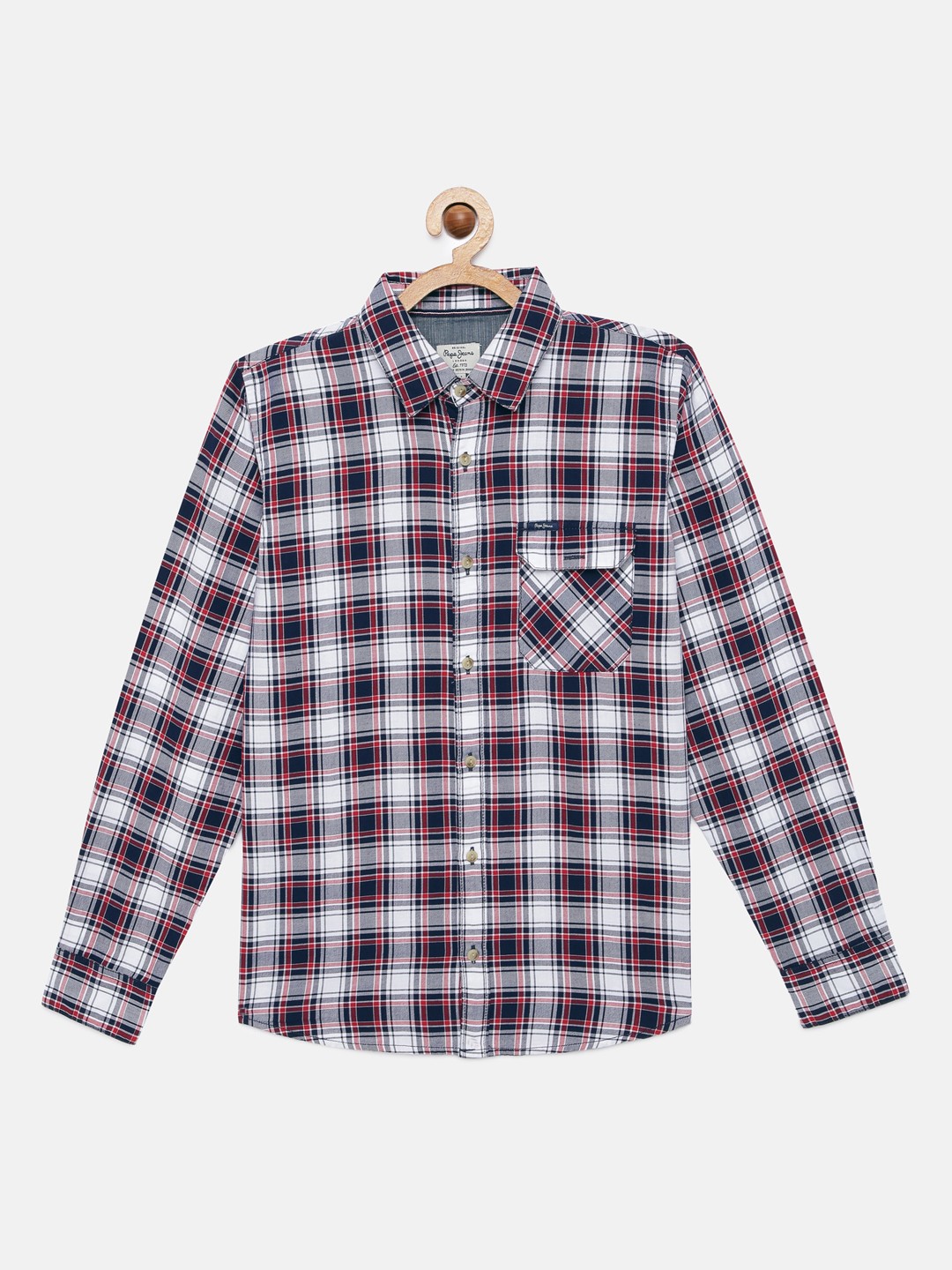 

Pepe Jeans Boys Navy Blue & Red ADAM LS IP Pure Cotton Regular Fit Checked Casual Shirt