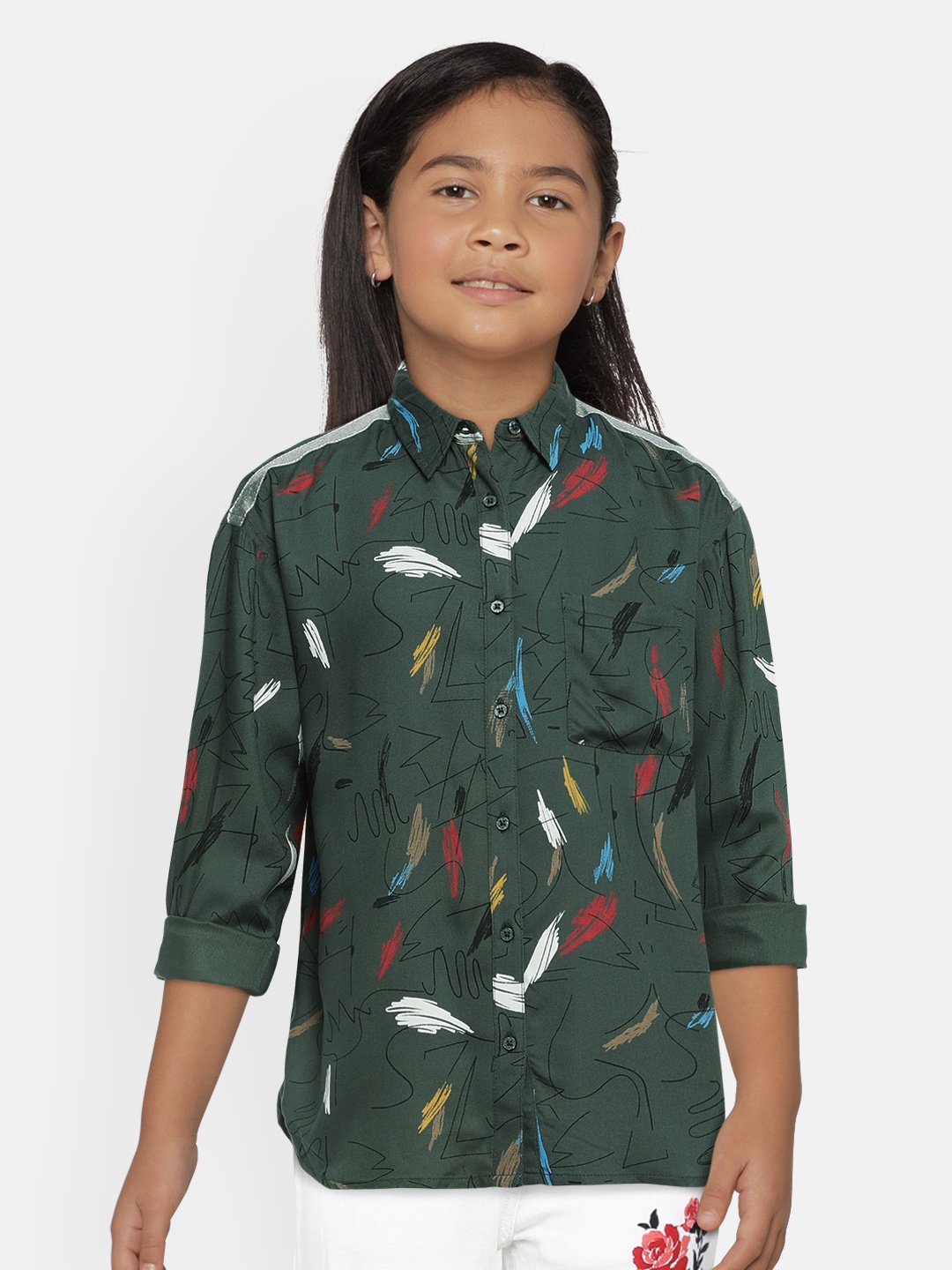 

Pepe Jeans Girls Olive Green & Black Regular Fit Printed Casual Shirt