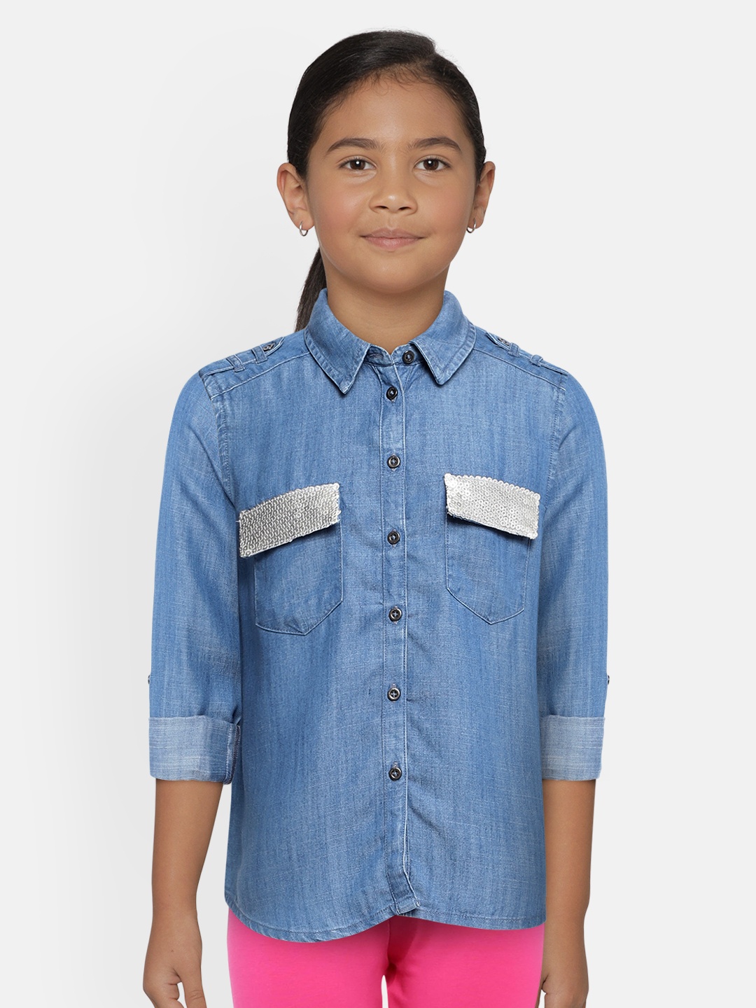 

Pepe Jeans Girls Blue Regular Fit Solid Casual Denim Shirt