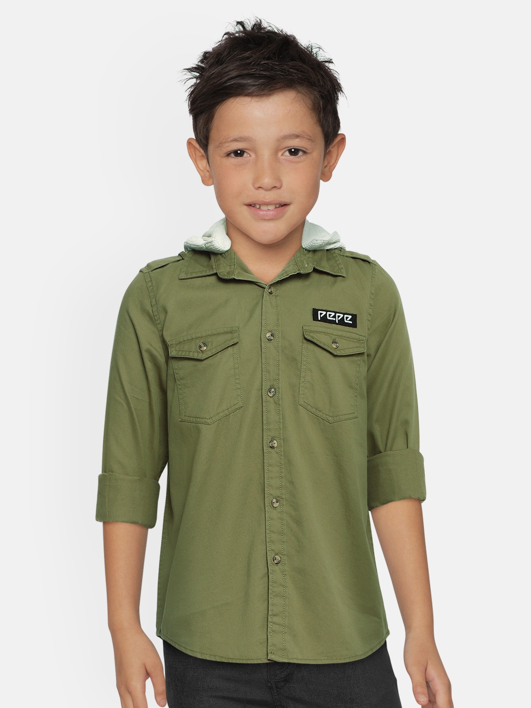 

Pepe Jeans Boys Olive Green QUARTZ LS IP Pure Cotton Regular Fit Solid Hooded Casual Shirt