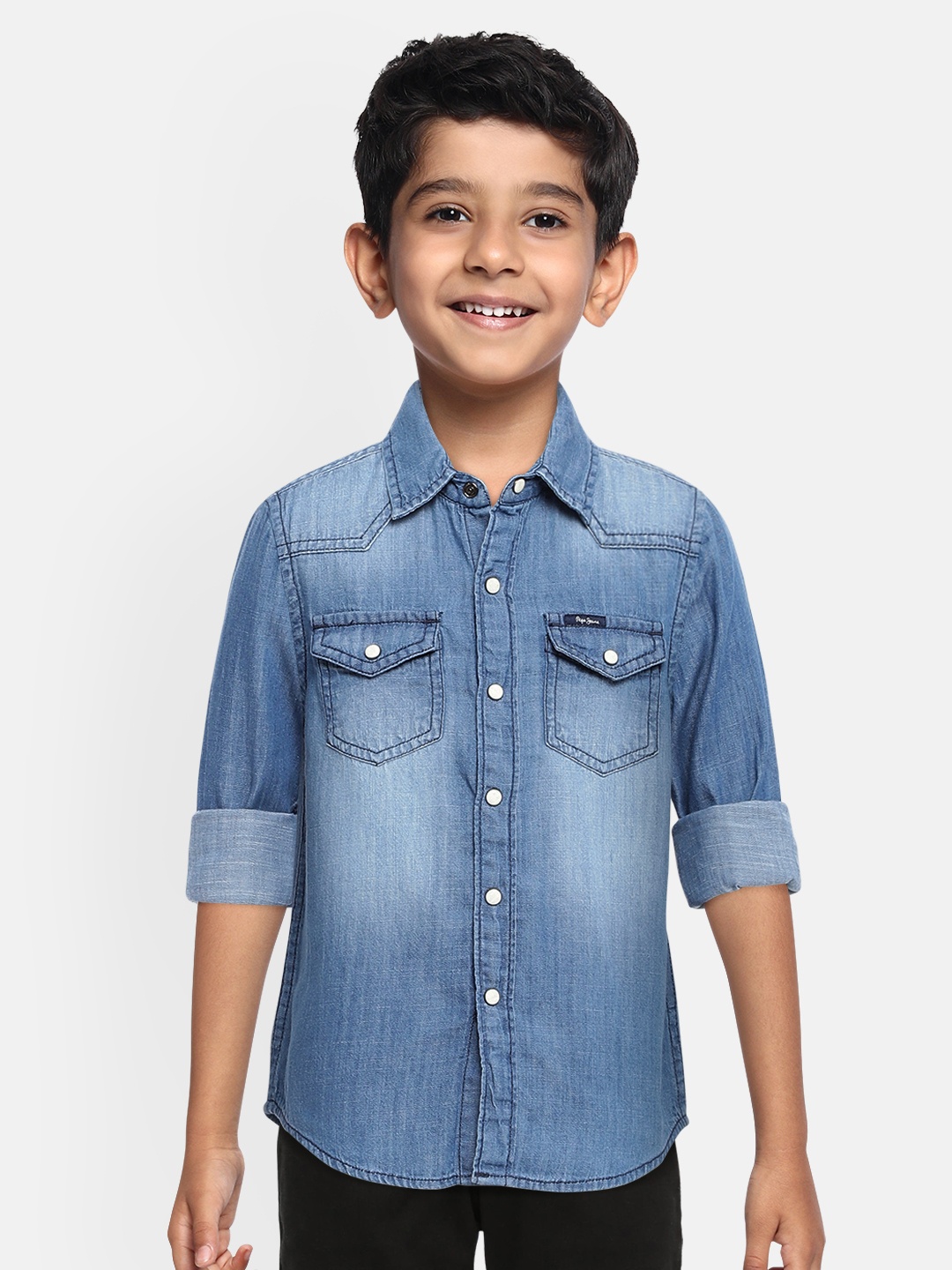 

Pepe Jeans Boys Blue CALVIN LS IP Denim Regular Fit Faded Casual Shirt