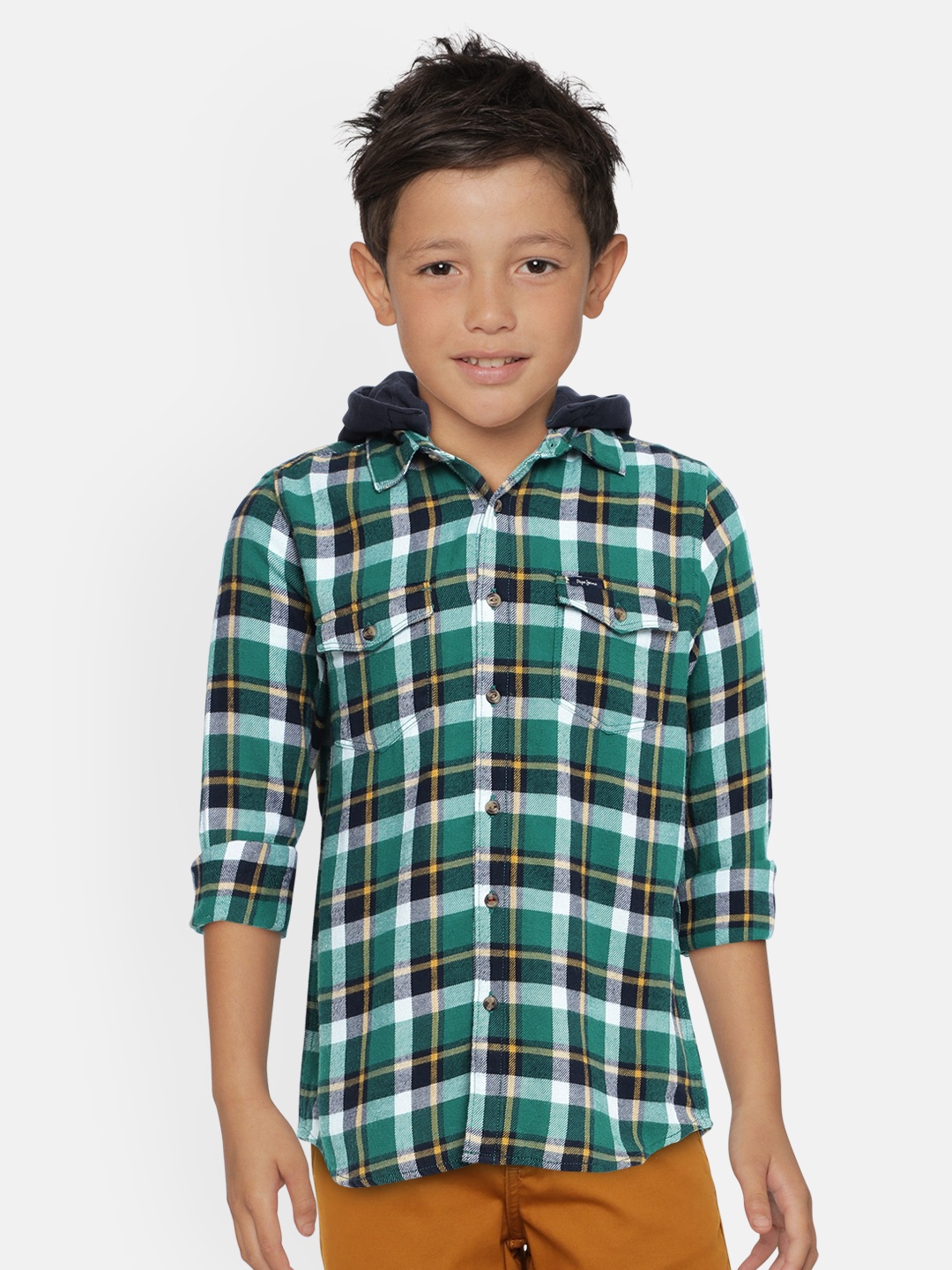 

Pepe Jeans Boys Green & Blue Regular Fit Checked Hooded Casual Cotton Shirt