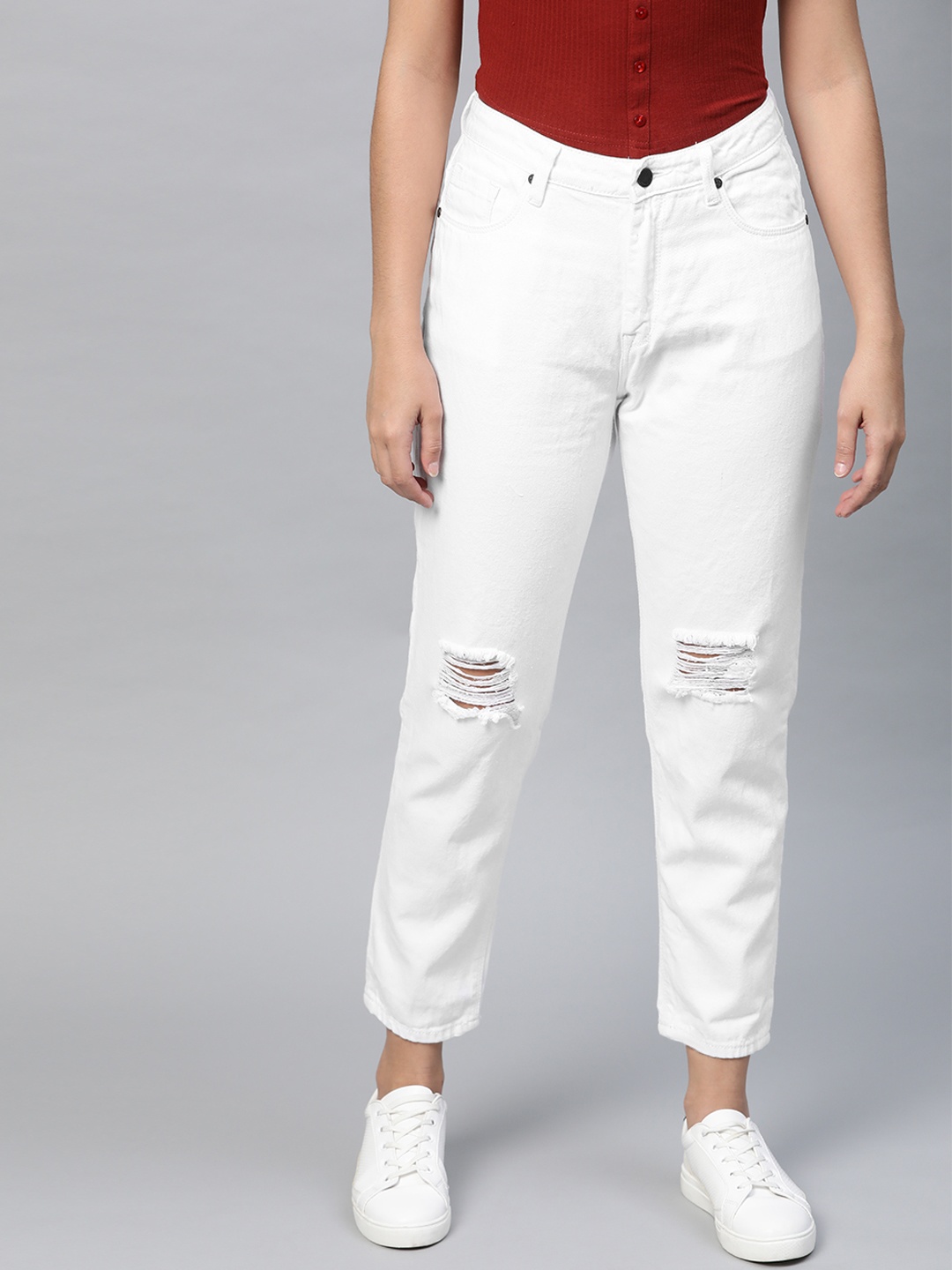 

HERE&NOW Women White Mildly Distressed Pure Cotton Cropped Jeans