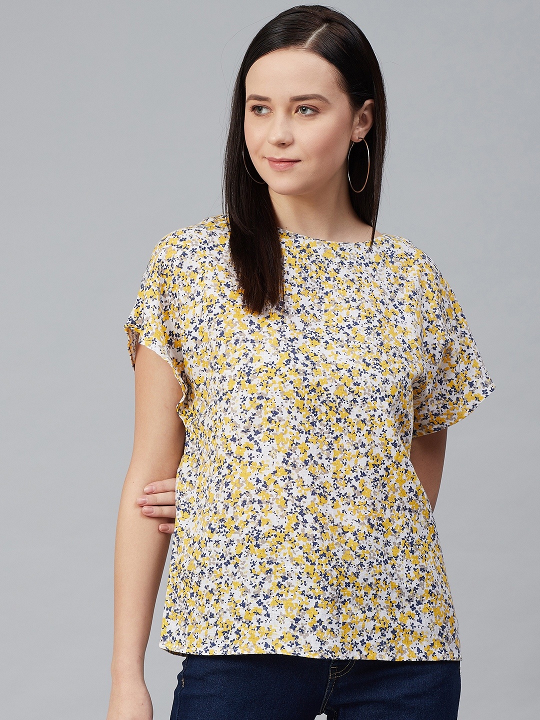 

Marks & Spencer Women White & Yellow Floral Printed Top