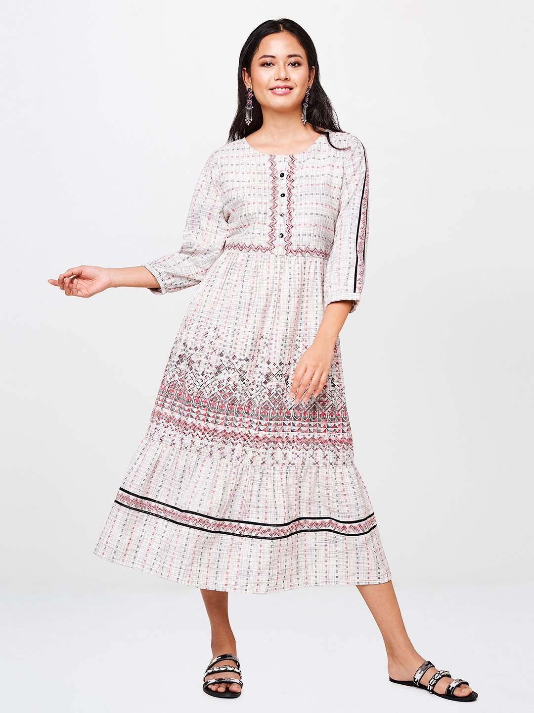 

Global Desi Women Off-White Self Design Fit and Flare Dress