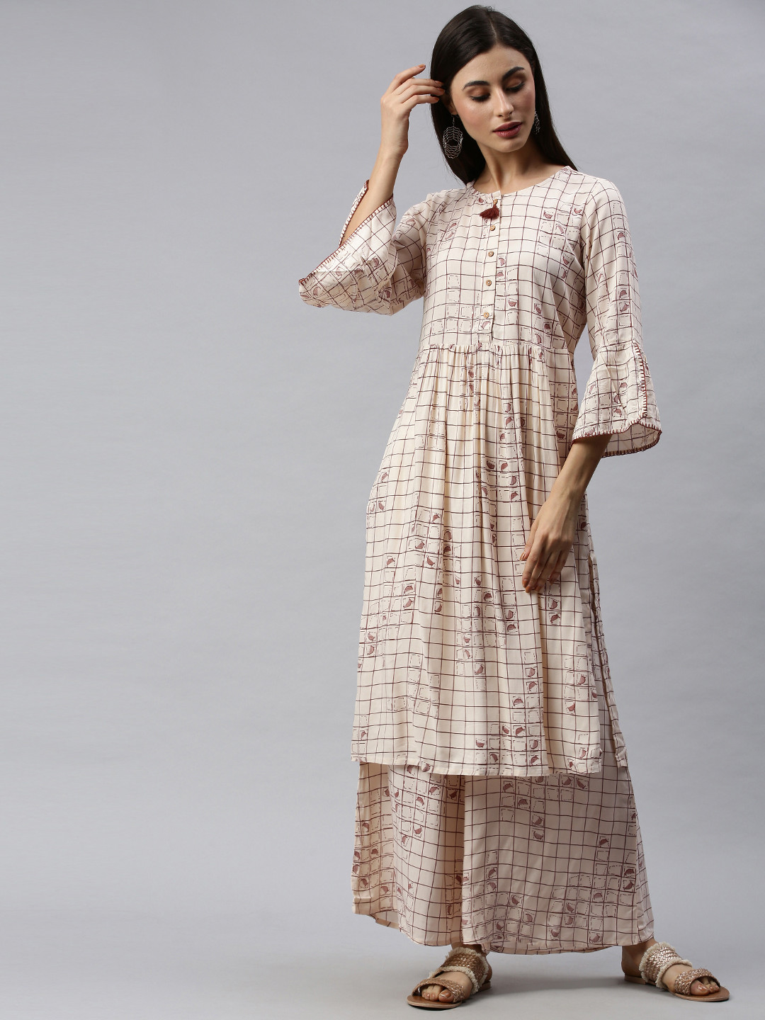 

Global Desi Women Cream-Coloured & Brown Checked Kurta with Palazzos