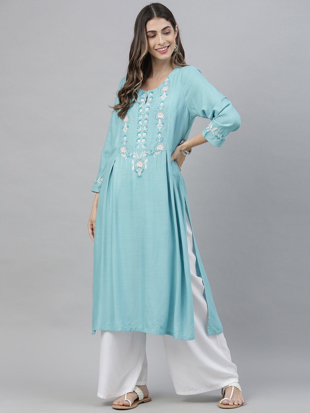 

Global Desi Women Turquoise Blue Embroidered Keyhole Neck A-Line Kurta with Gathers