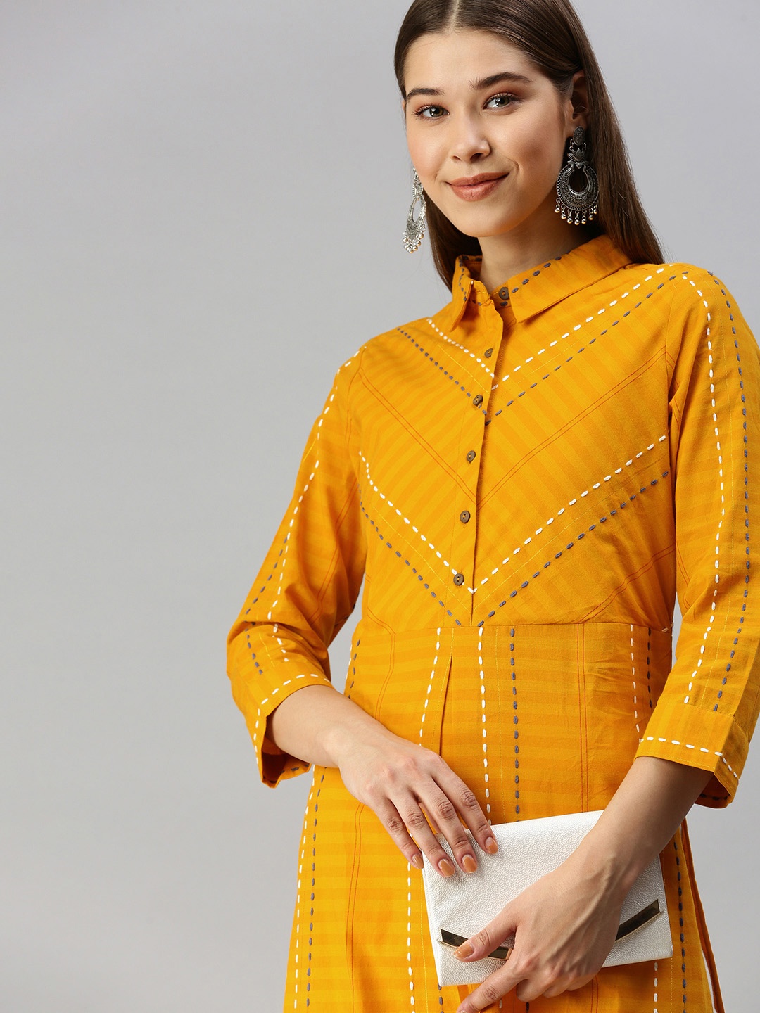 

Global Desi Women Mustard Yellow & White Shirt Collar Striped Pure Cotton Kurta