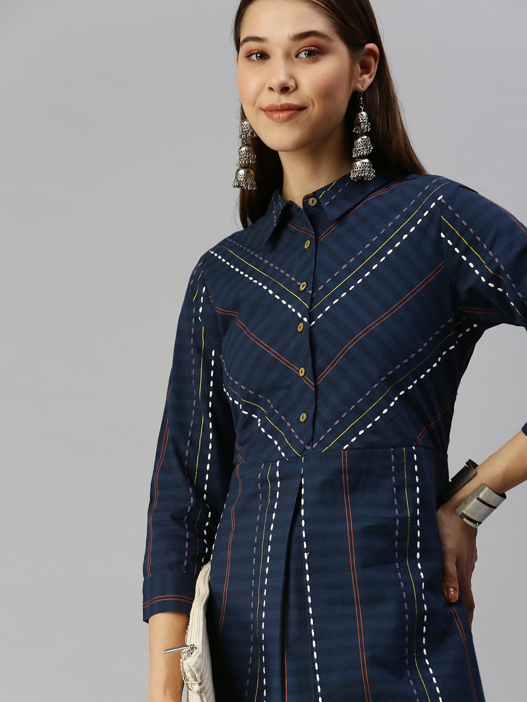 

Global Desi Women Navy Blue & White Striped Kurta