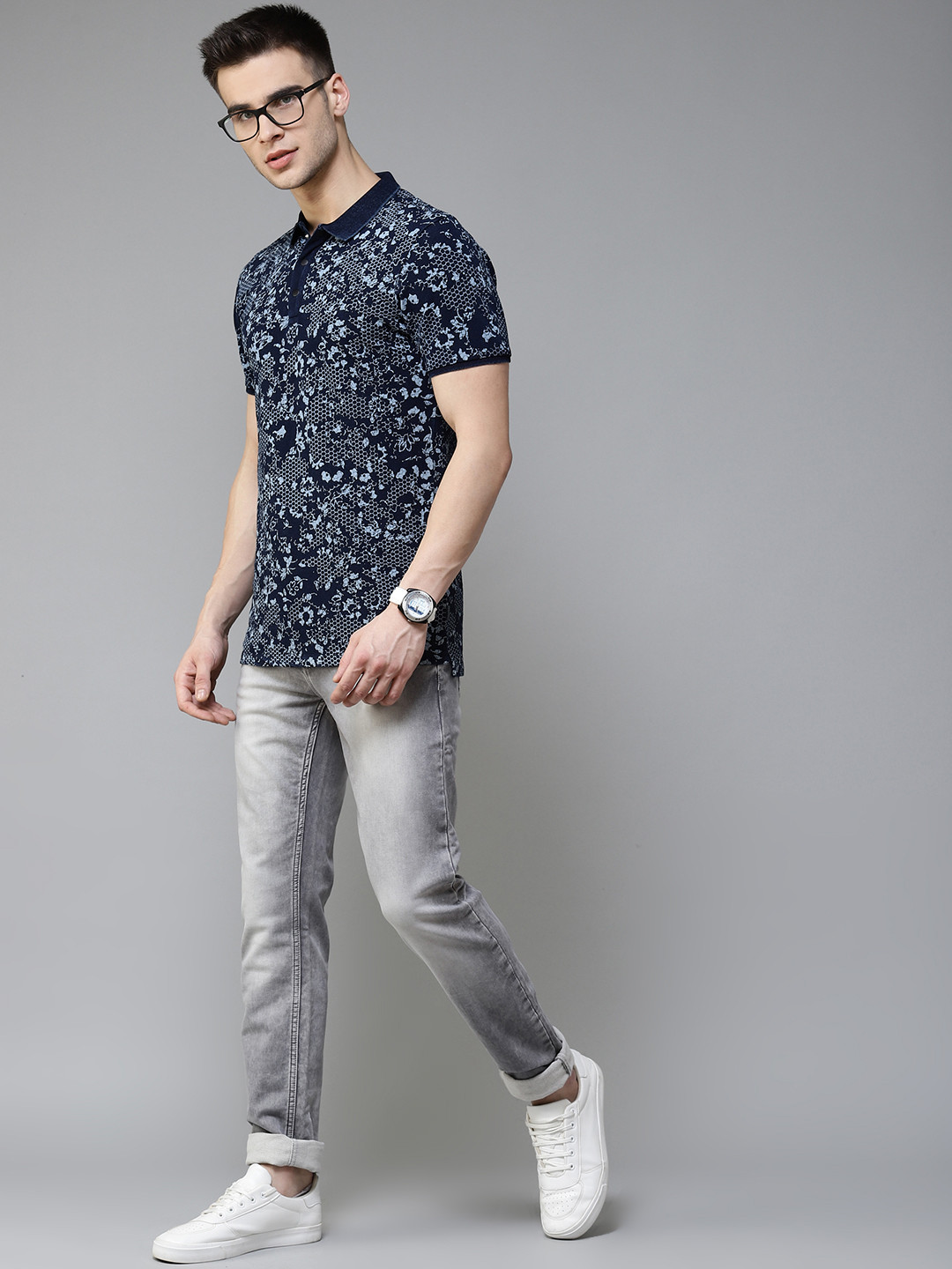 

Blackberrys Men Blue Printed Slim Fit Pure Cotton Polo Collar T-shirt