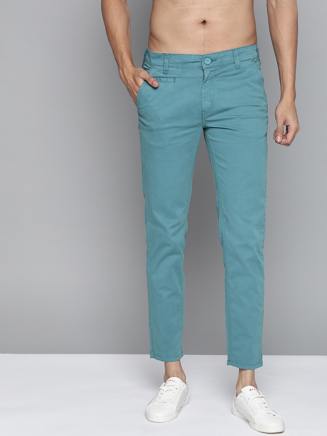 

HERE&NOW Men Teal Blue Slim Fit Cropped Solid Chinos