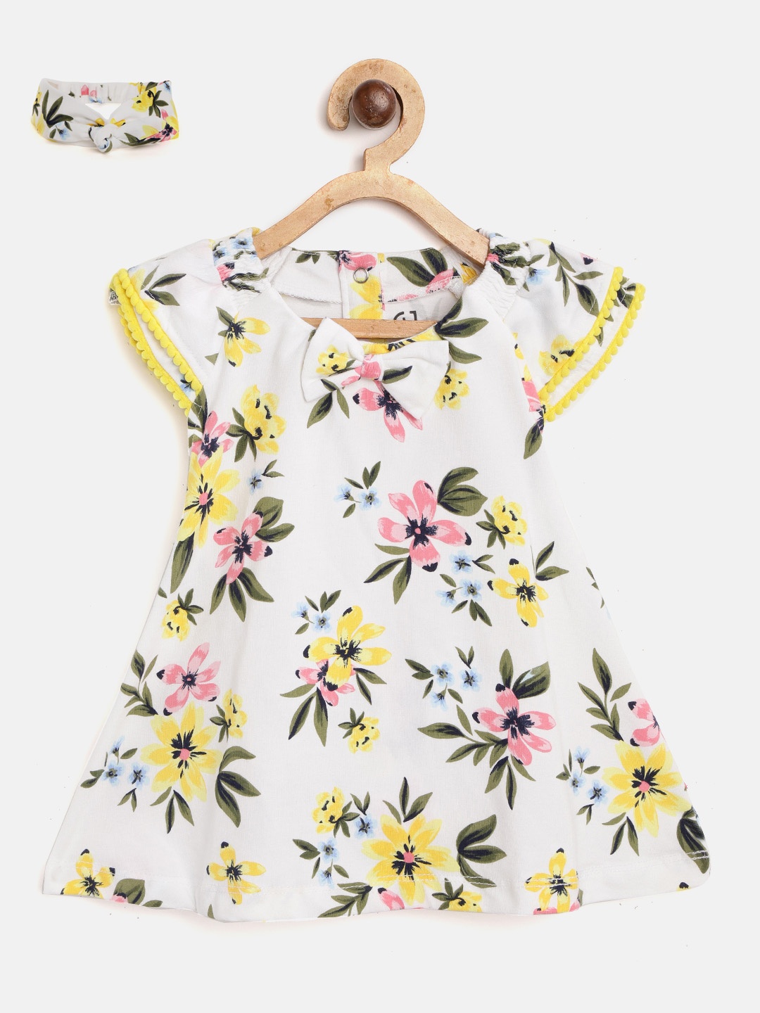 

Gini and Jony Girls White & Pink Floral Print A-Line Dress With Hairband