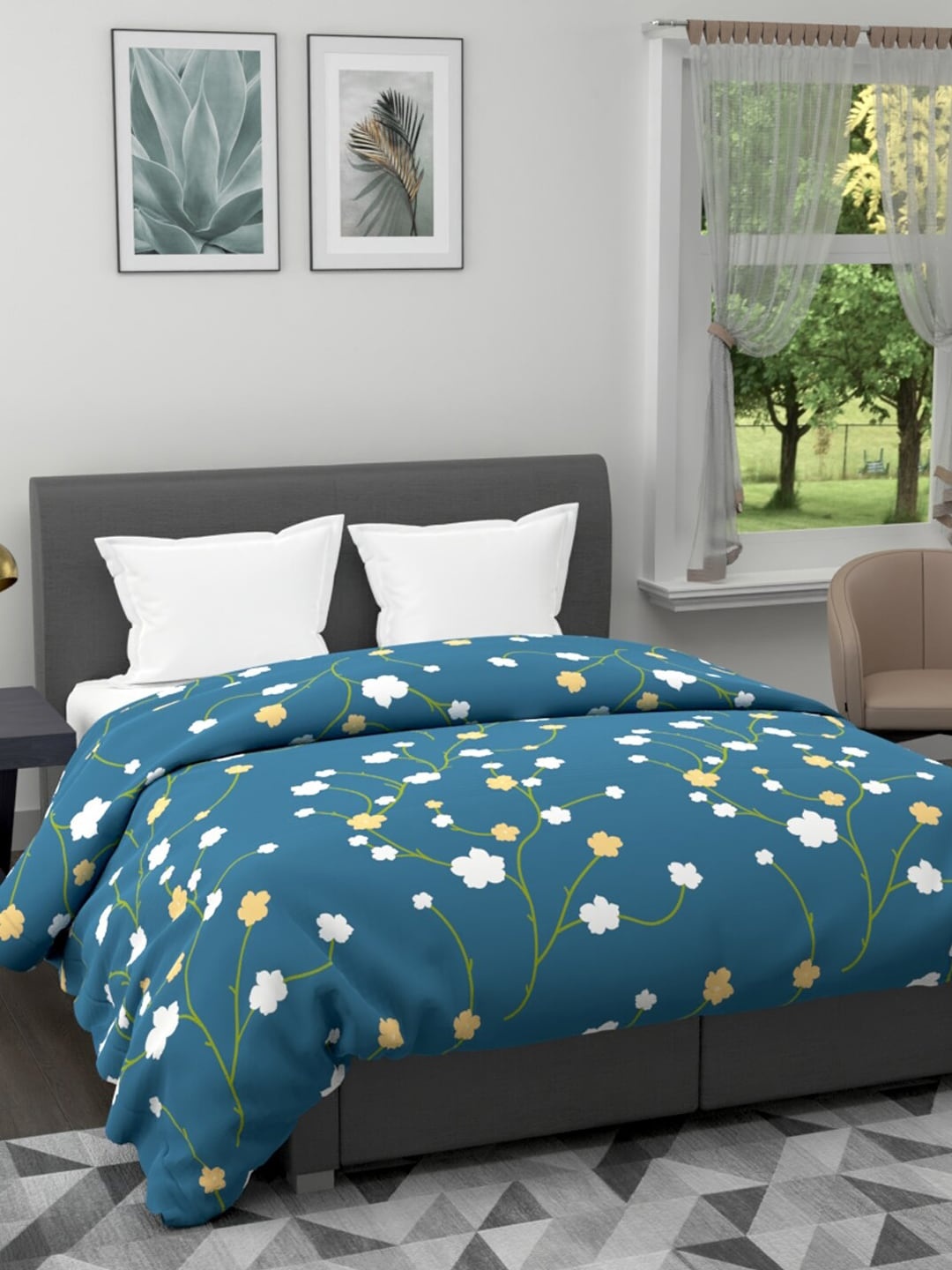 

BIANCA Blue & Off-White Floral AC Room 120 GSM Double Bed Quilt