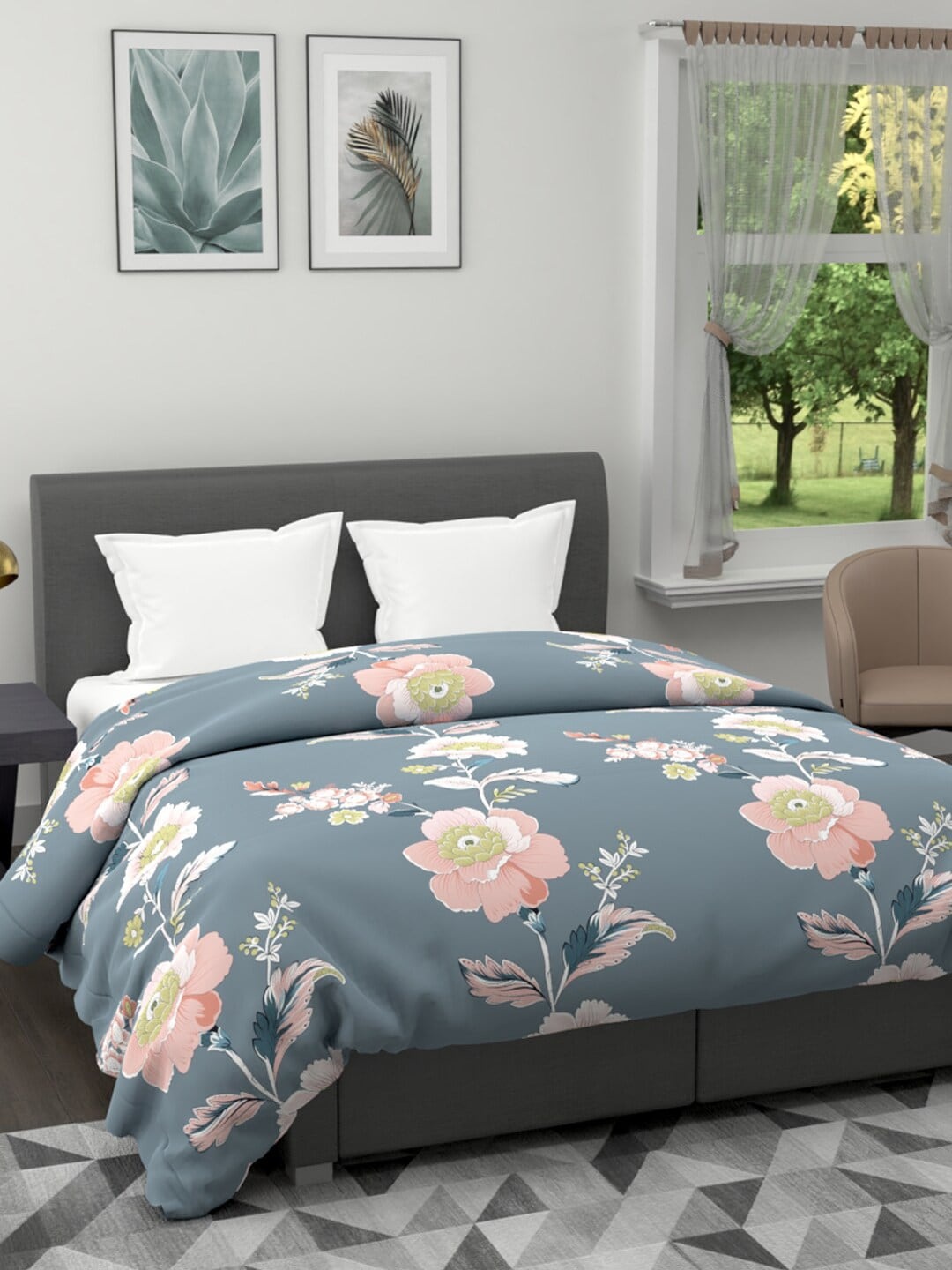 

KOPA Grey & Pink Floral AC Room 120 GSM Double Bed Quilt