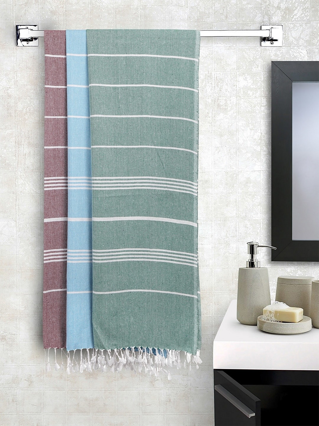 

KLOTTHE Unisex Set of 3 Striped 210 GSM Bath Towels, Turquoise blue