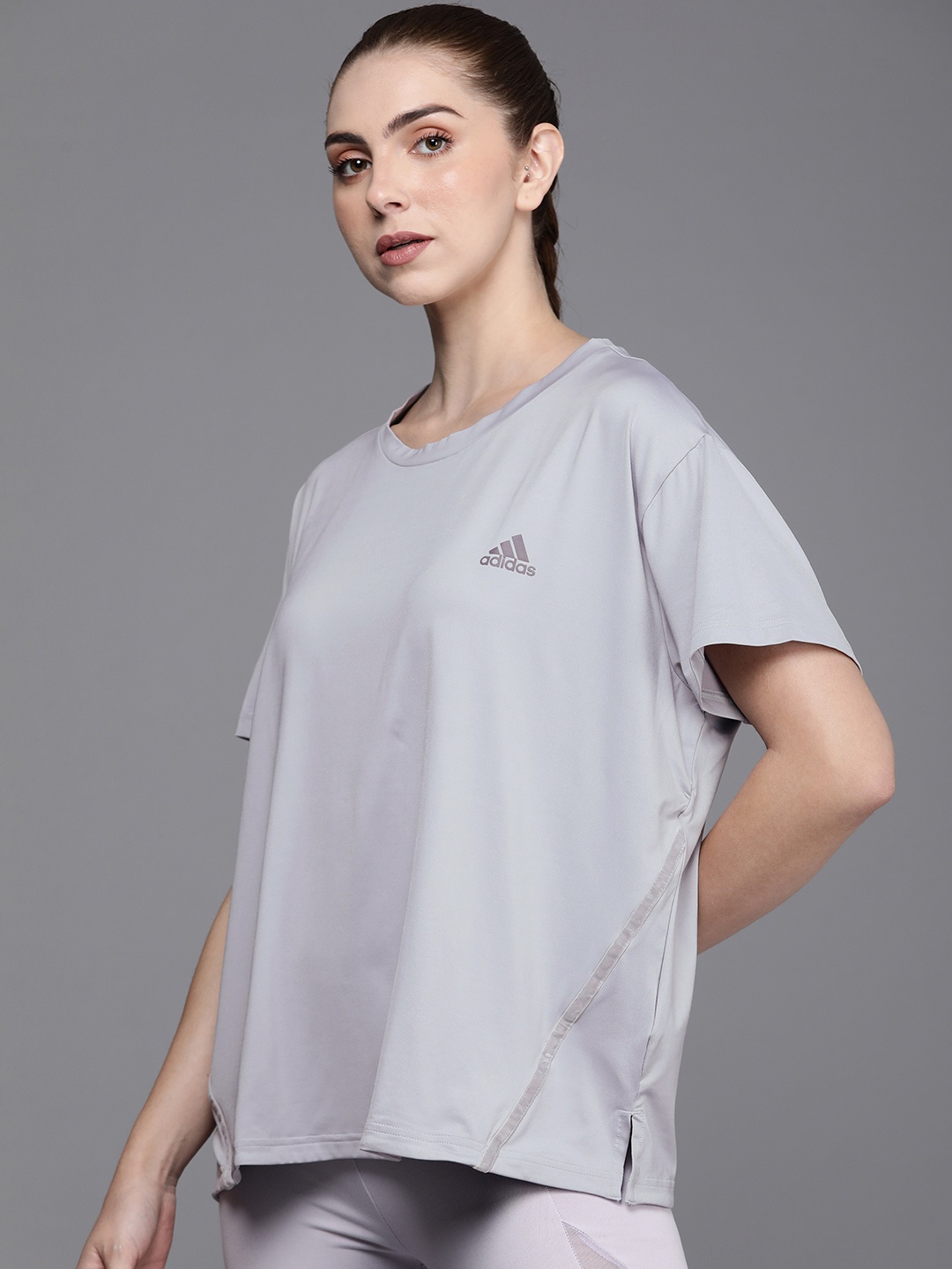 

ADIDAS Solid Round Neck Drop-Shoulder Sleeves Sports T-shirt, Grey