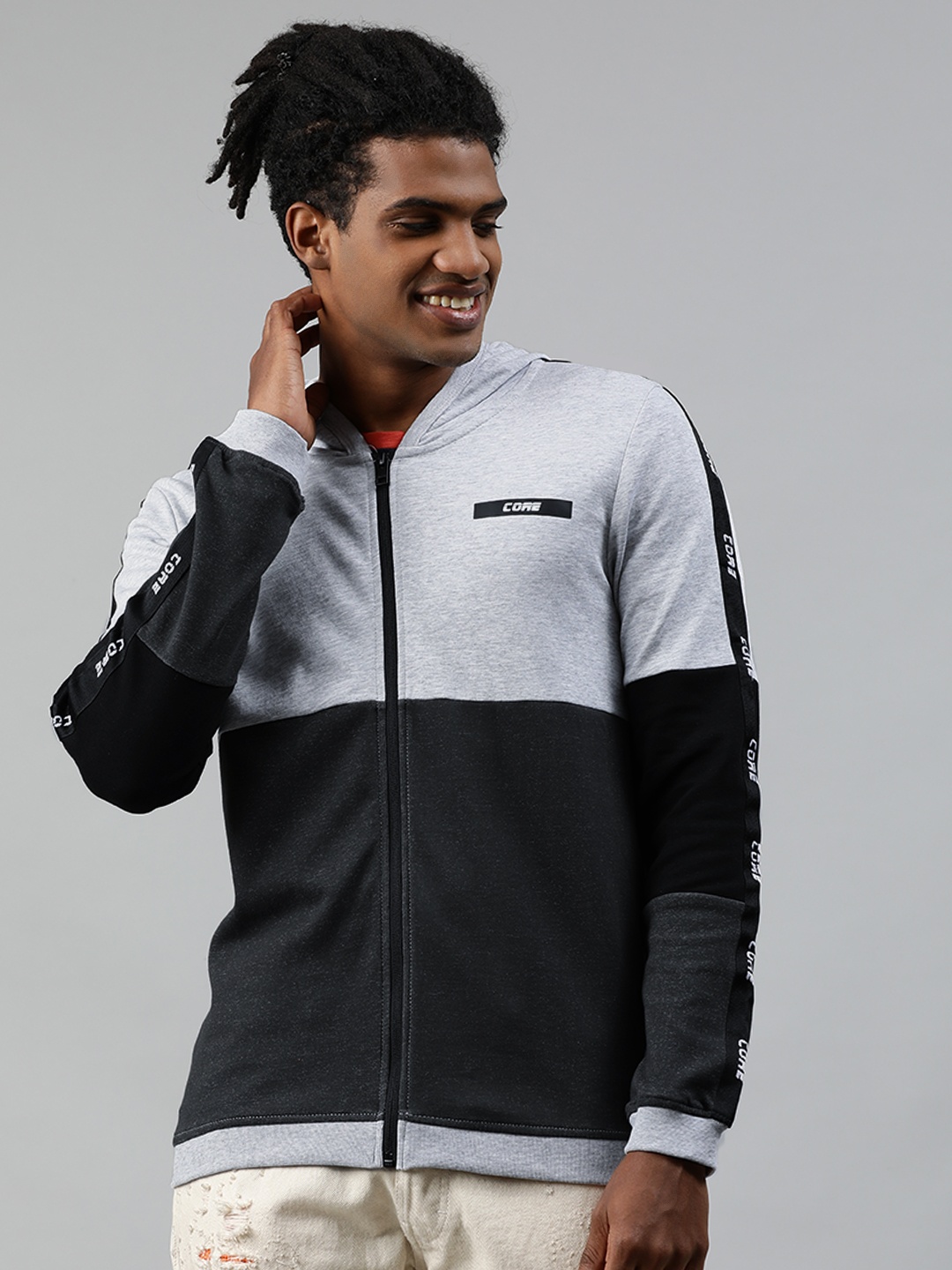 

Jack & Jones Men Grey & Black Colourblocked Hooded Sweatshirt