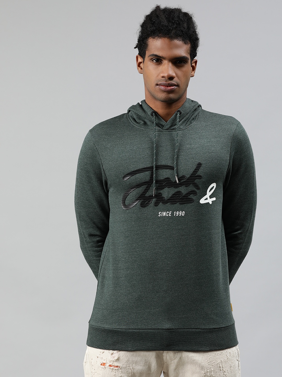 

Jack & Jones Men Green Printed Hooded Sweatshirt