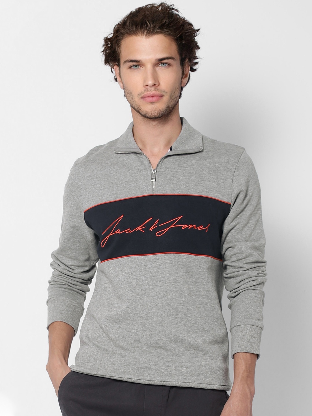 

Jack & Jones Men Grey & Black Colourblocked Sweatshirt
