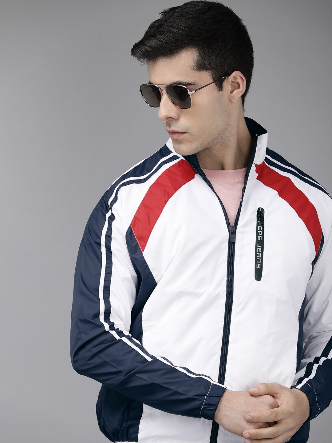 

Pepe Jeans Men White Navy Blue Colourblocked Lightweight Sporty Jacket