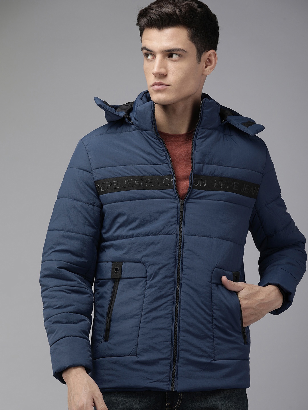 

Pepe Jeans Men Blue LUCAS IP Brand Logo Printed Lightweight Padded Jacket