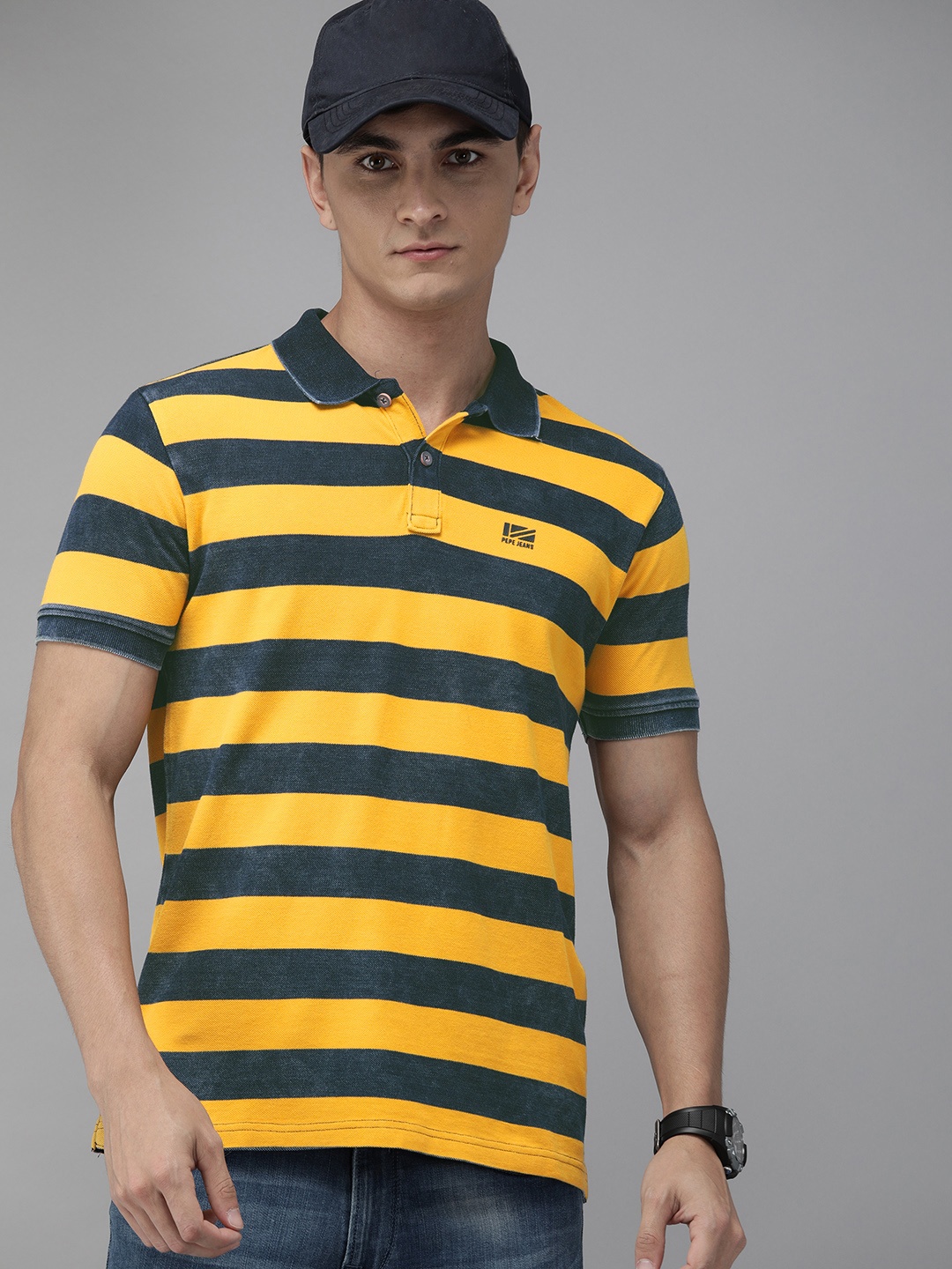 

Pepe Jeans Men Mustard Yellow Blue Striped Polo Collar Pure Cotton T-shirt