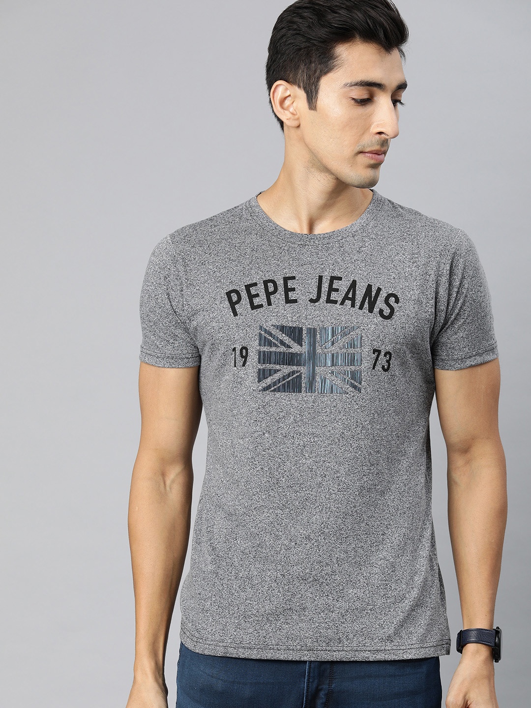 

Pepe Jeans Men Grey Melange Printed Round Neck Pure Cotton T-shirt