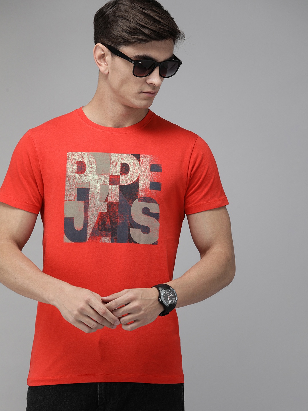 

Pepe Jeans Men Red Slim Fit Printed Round Neck Pure Cotton T-shirt