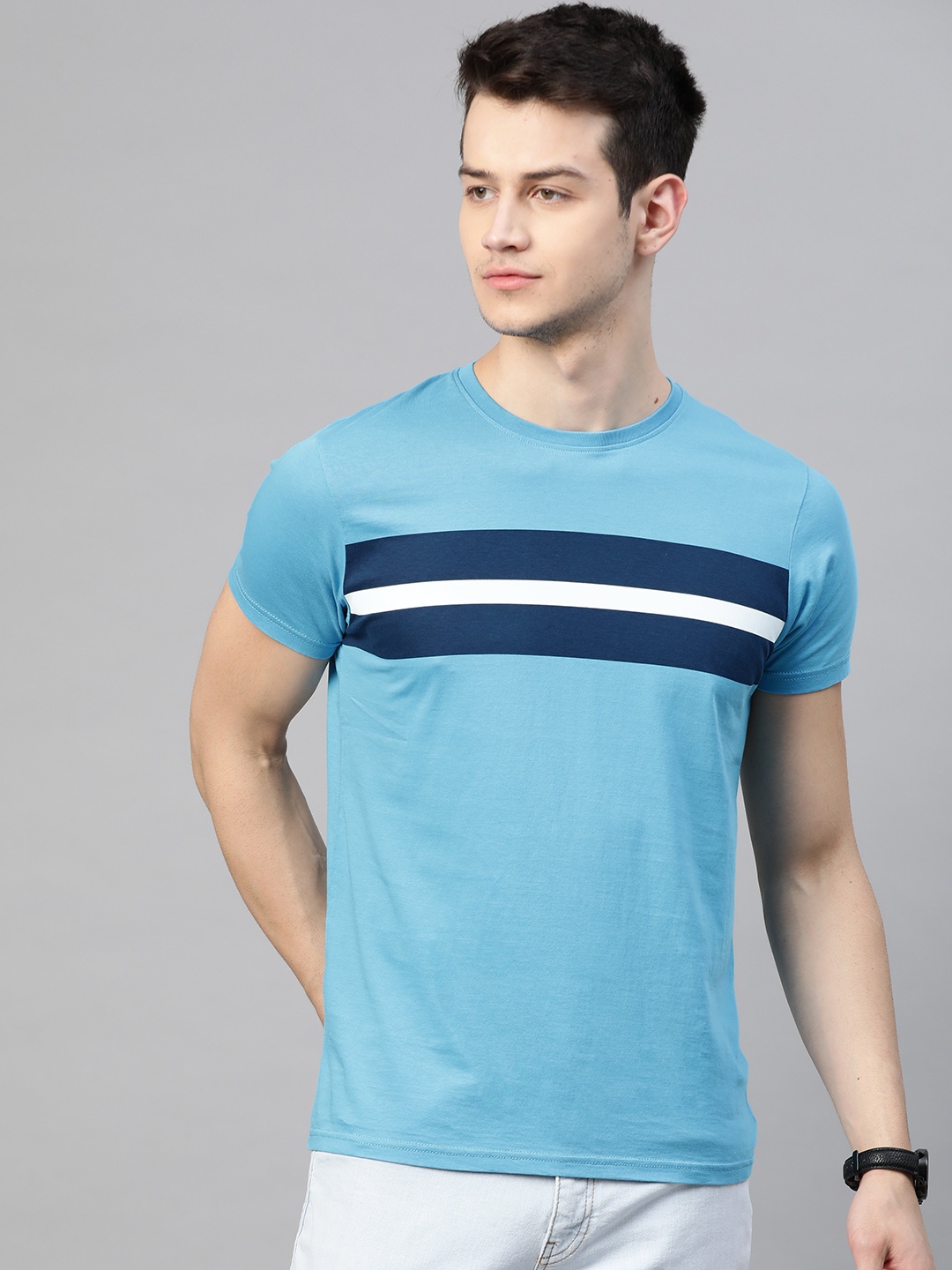 

Pepe Jeans Men Blue Striped Round Neck Pure Cotton T-shirt