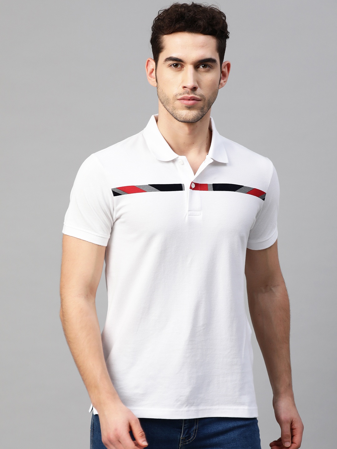 

Pepe Jeans Men White Solid Polo Collar Pure Cotton T-shirt with Stripe Detail