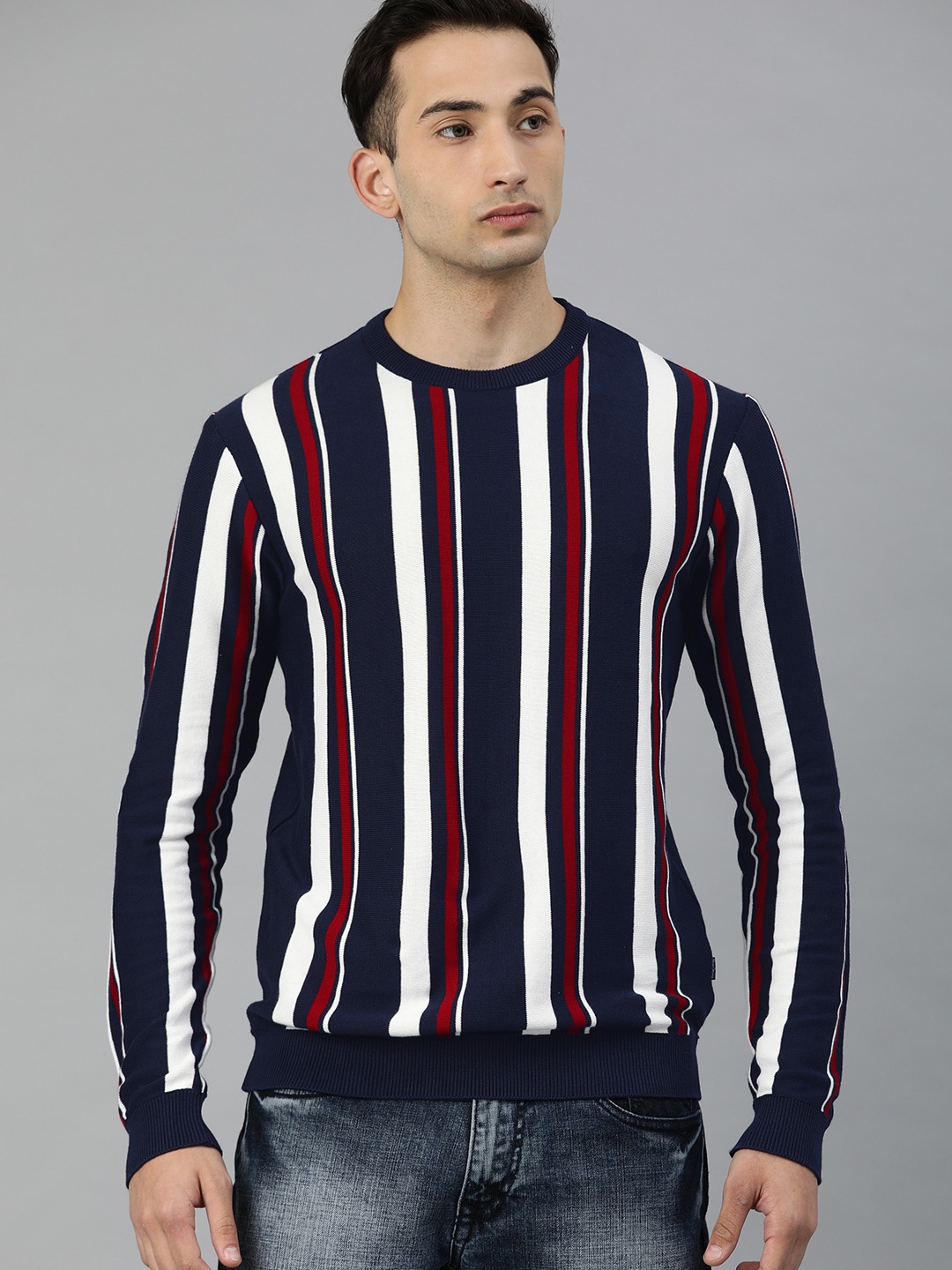 

Pepe Jeans Men Navy Blue & White Striped Pullover Sweater